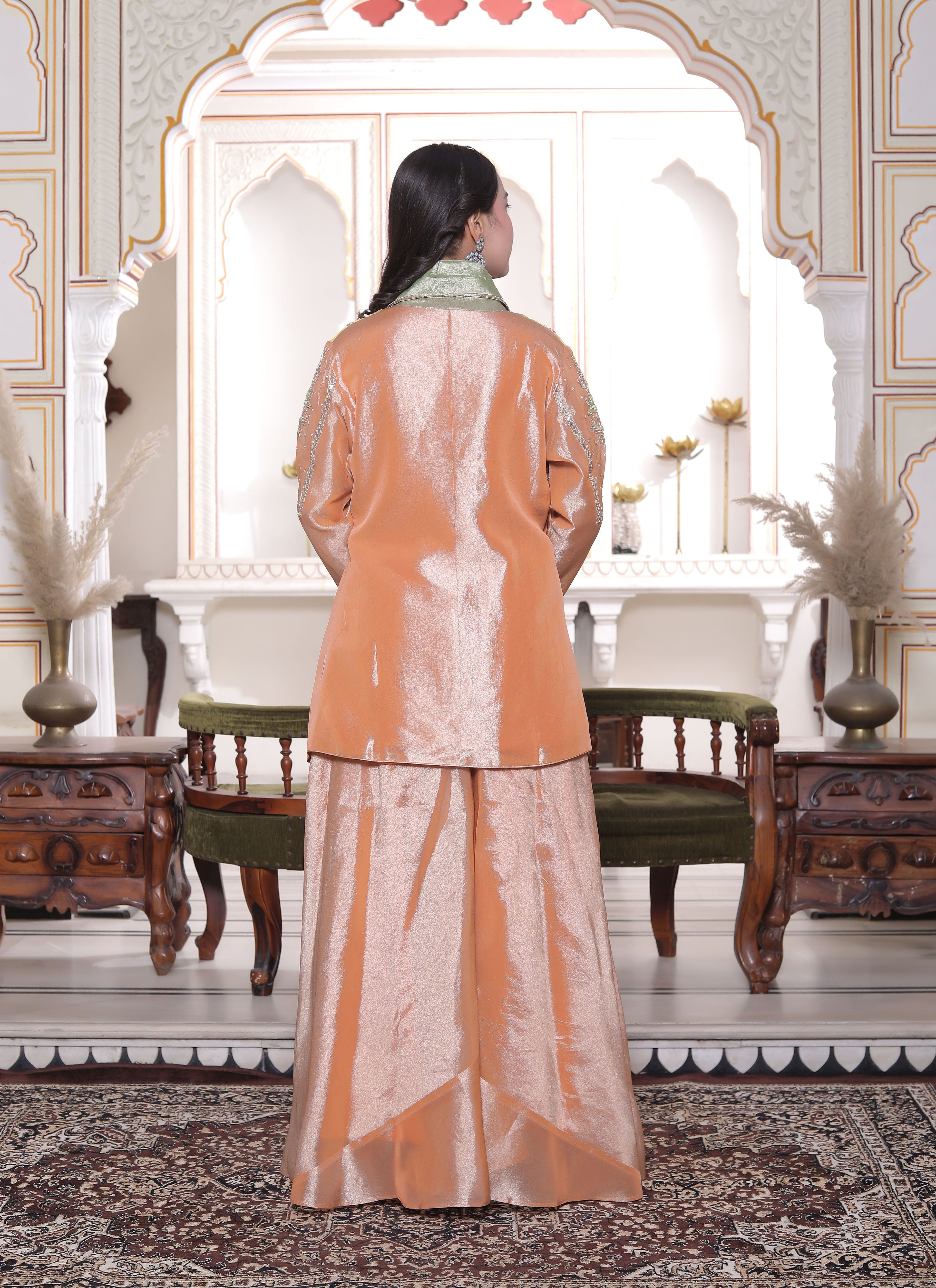 Peach Handwork Short Kurti with Circular Flared Palazzo Set