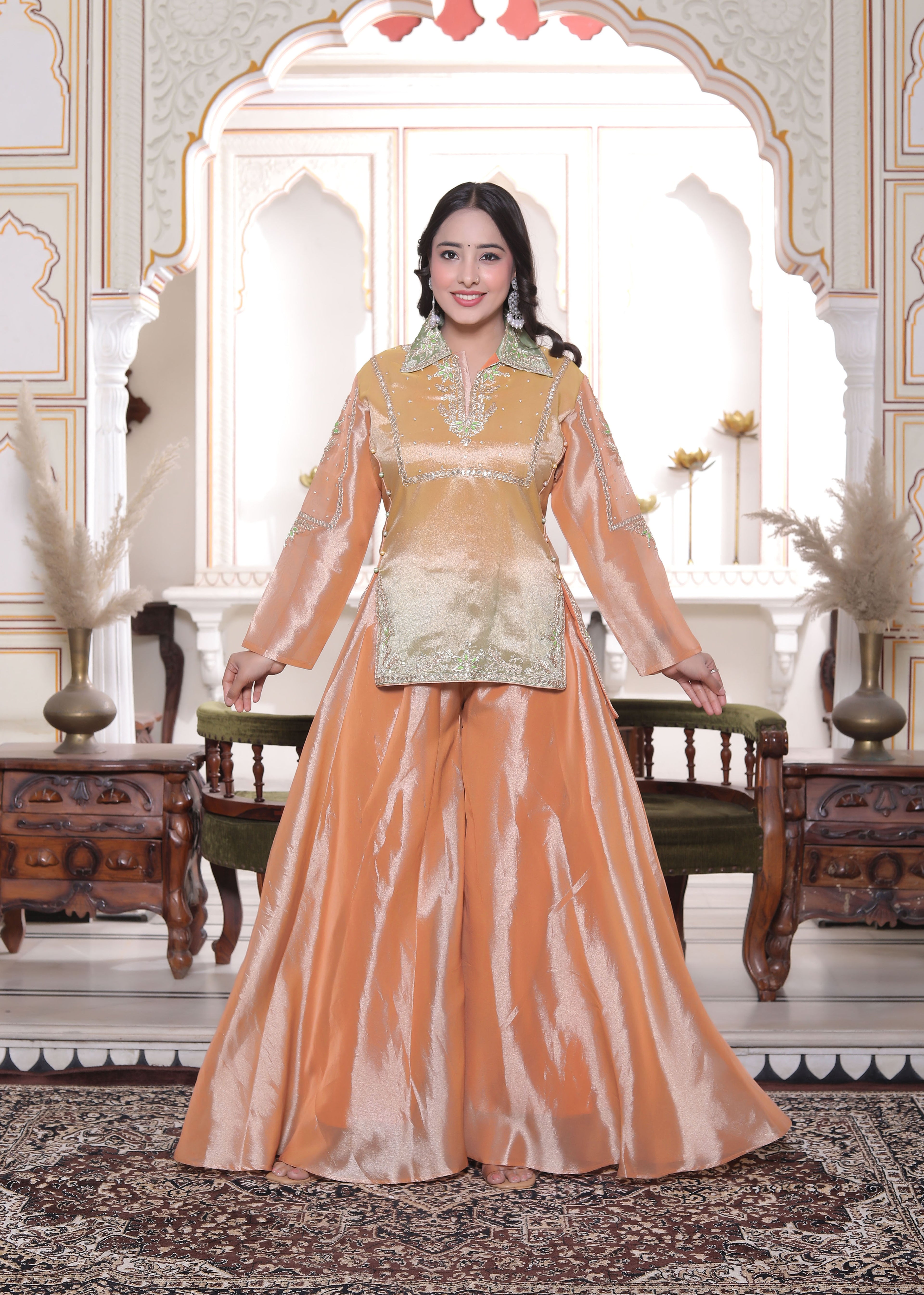 Peach Handwork Short Kurti with Circular Flared Palazzo Set