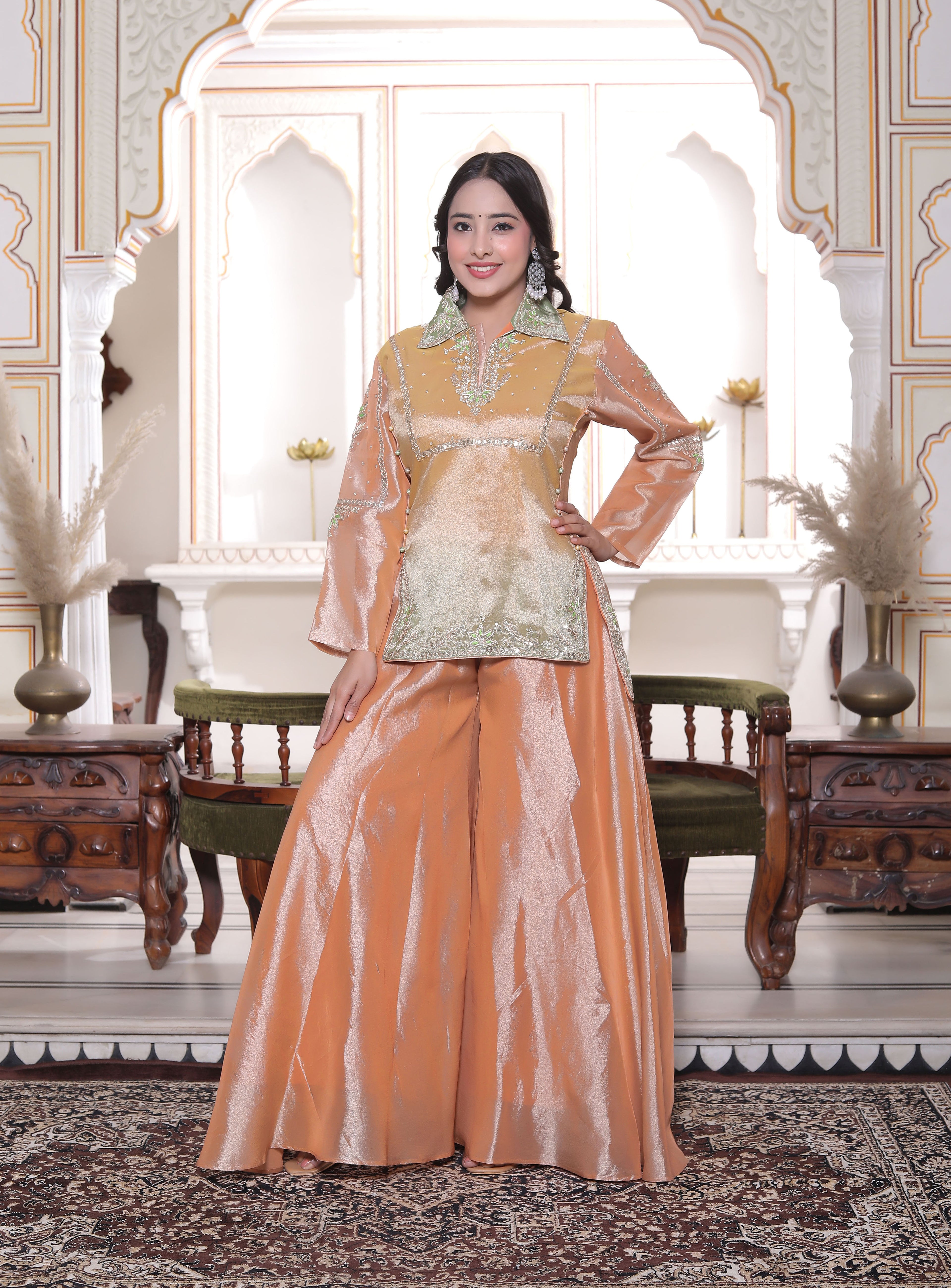 Peach Handwork Short Kurti with Circular Flared Palazzo Set