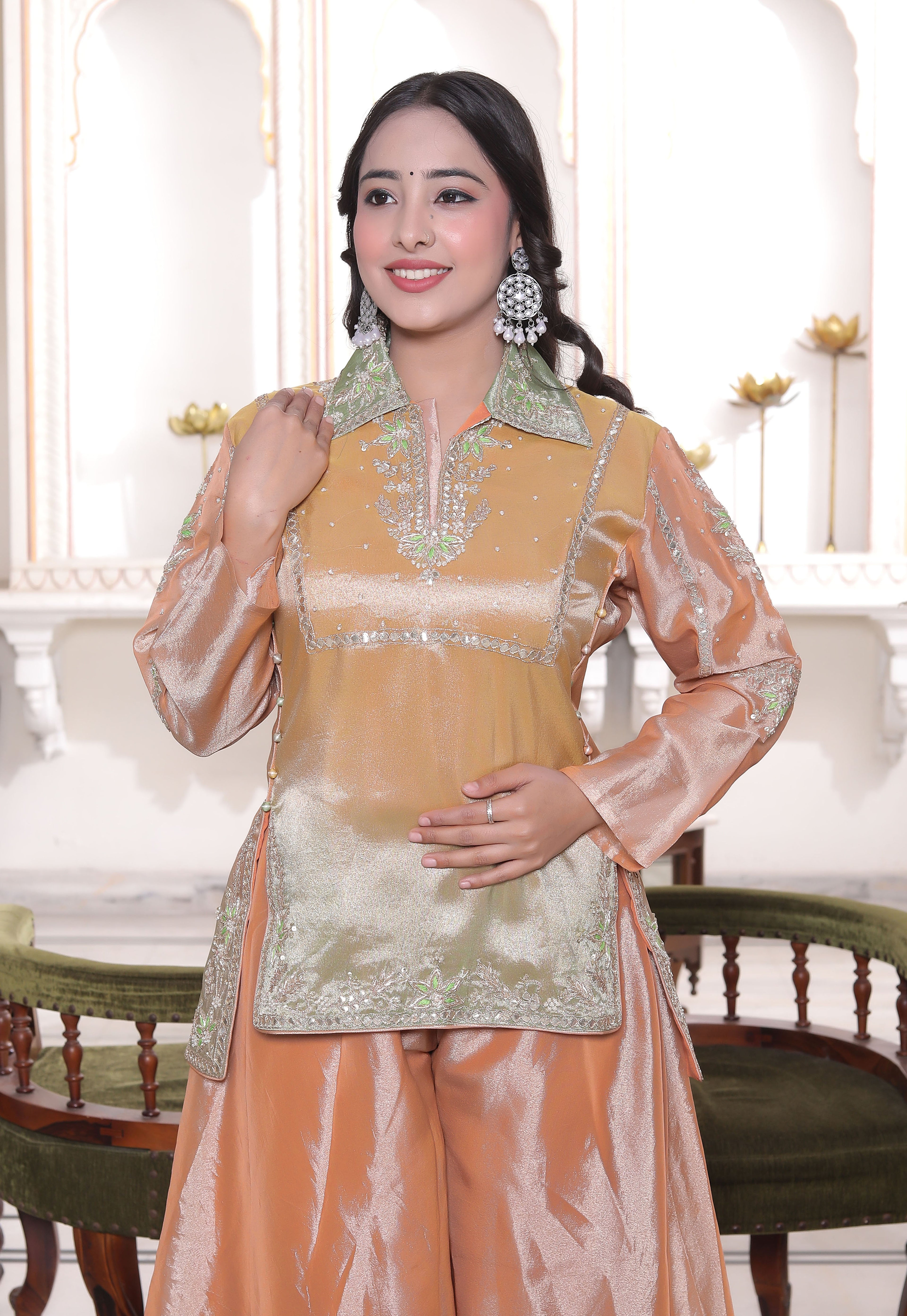 Peach Handwork Short Kurti with Circular Flared Palazzo Set