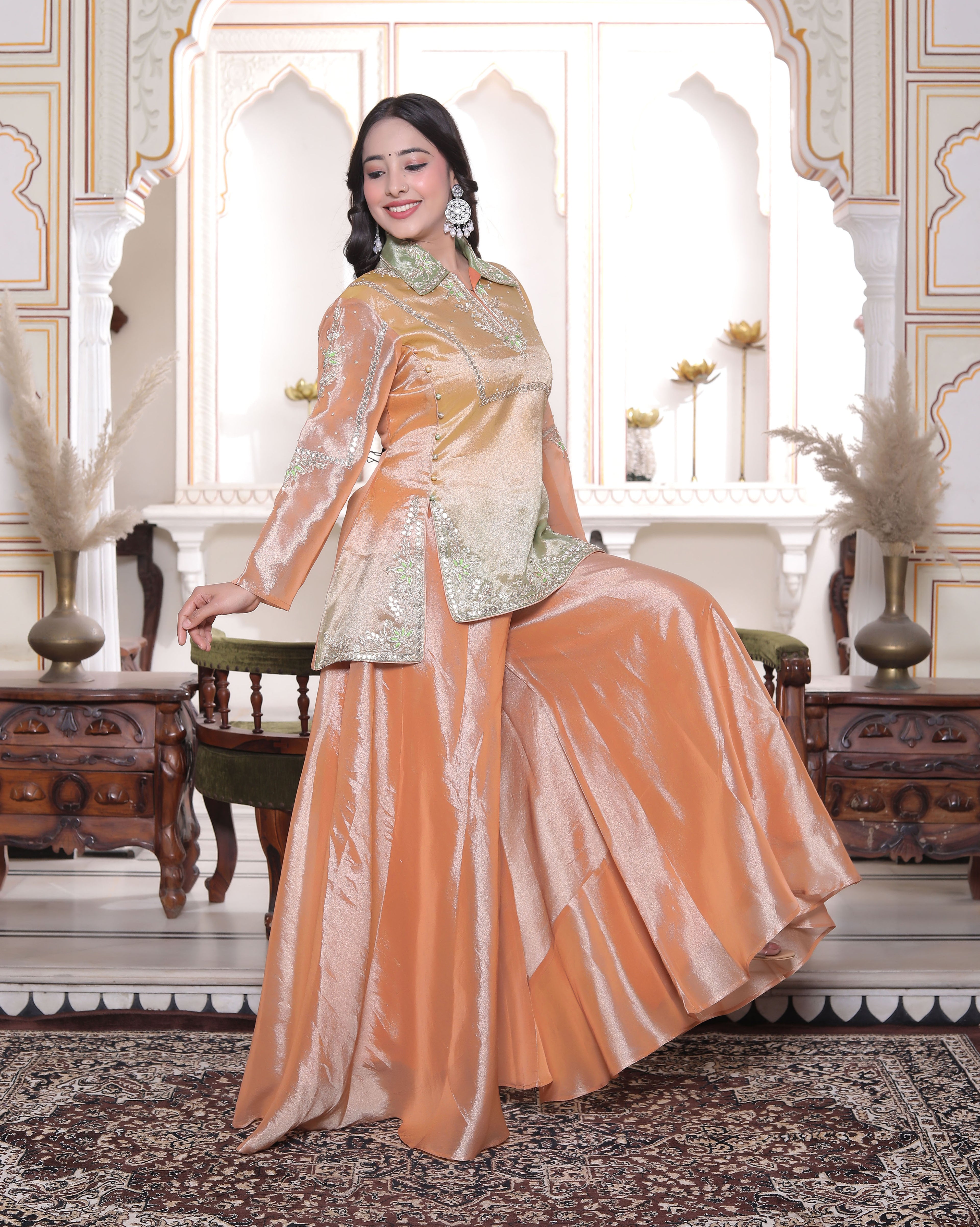 Peach Handwork Short Kurti with Circular Flared Palazzo Set