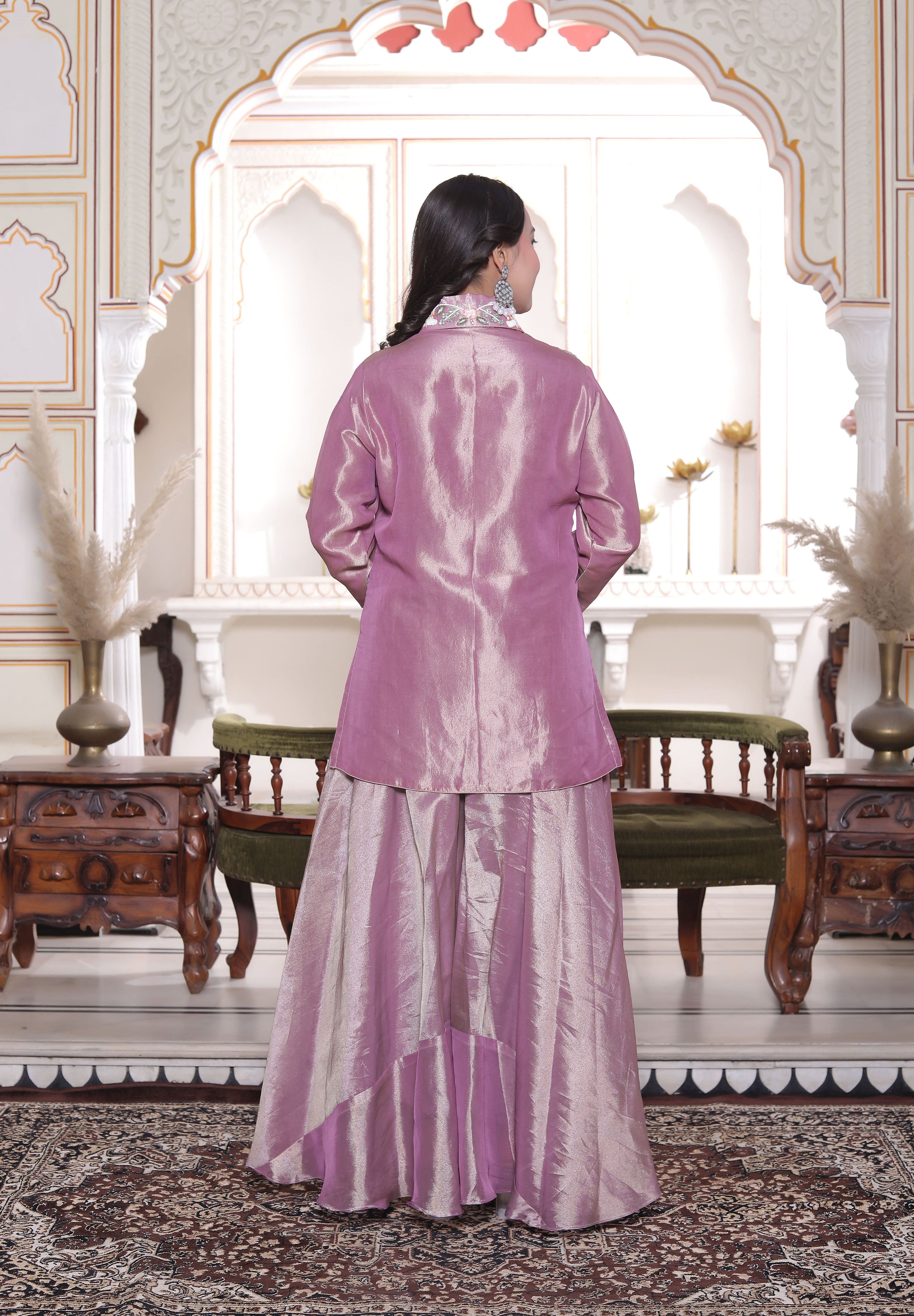 Lavender Collar Neck Front Cut Handwork Kurti with Circular Sharara Set