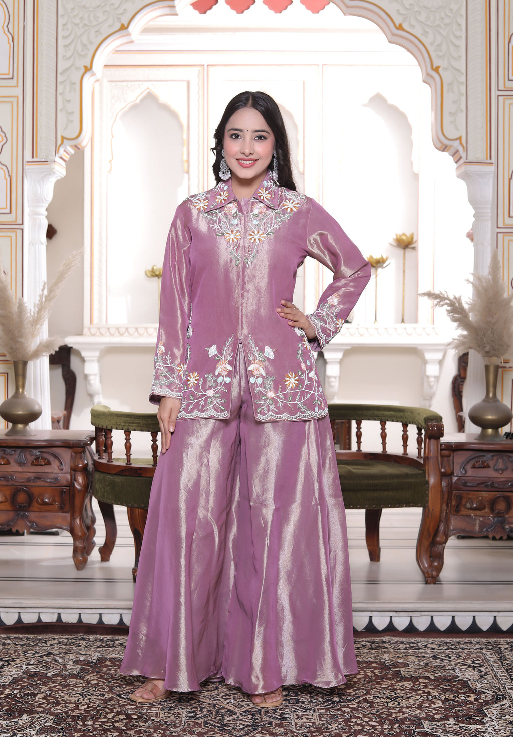 Lavender Collar Neck Front Cut Handwork Kurti with Circular Sharara Set