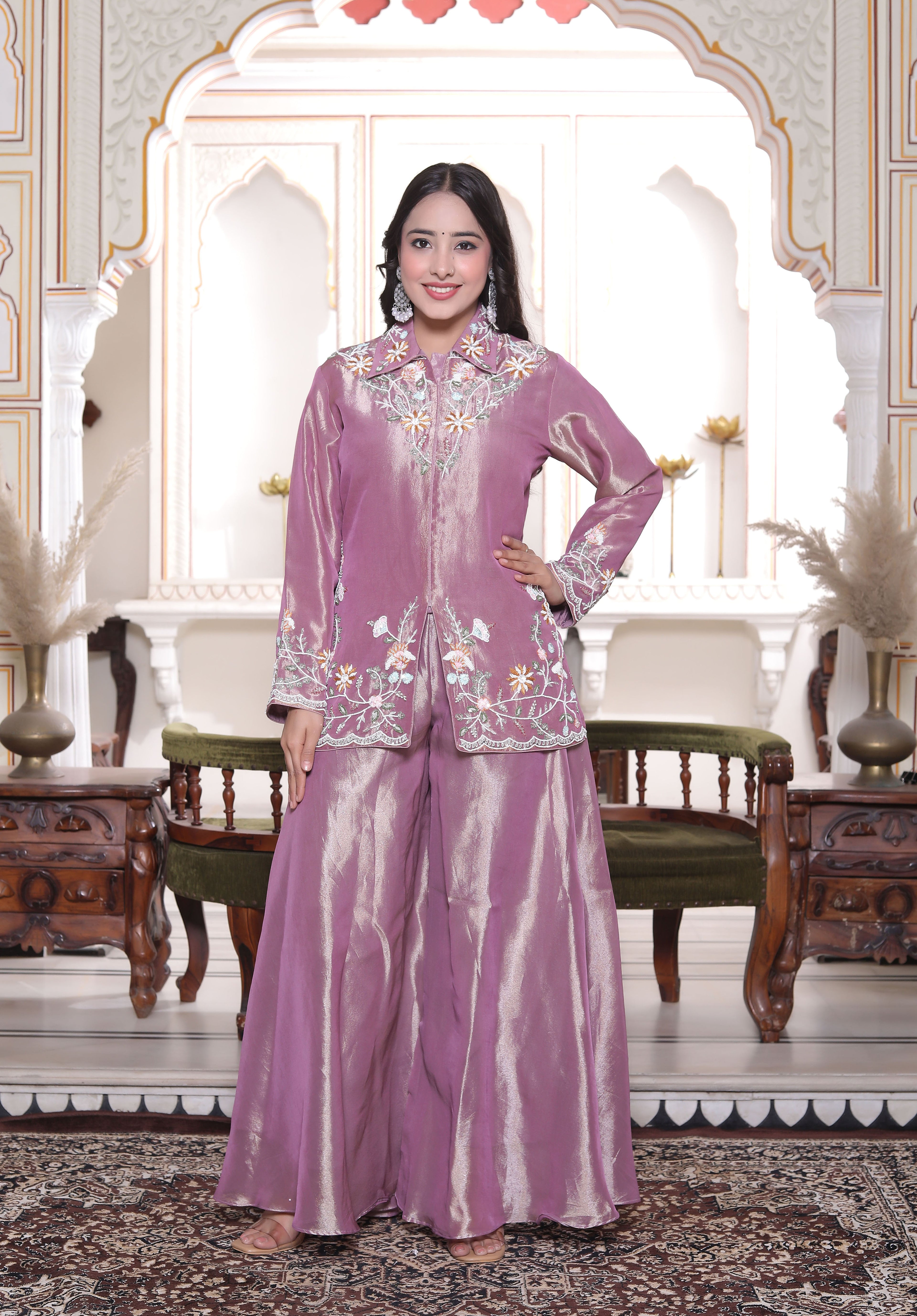 Lavender Collar Neck Front Cut Handwork Kurti with Circular Sharara Set