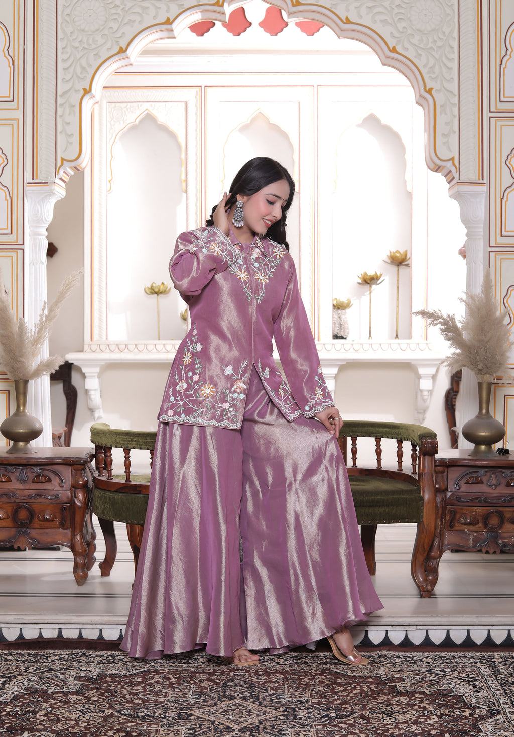 Lavender Collar Neck Front Cut Handwork Kurti with Circular Sharara Set