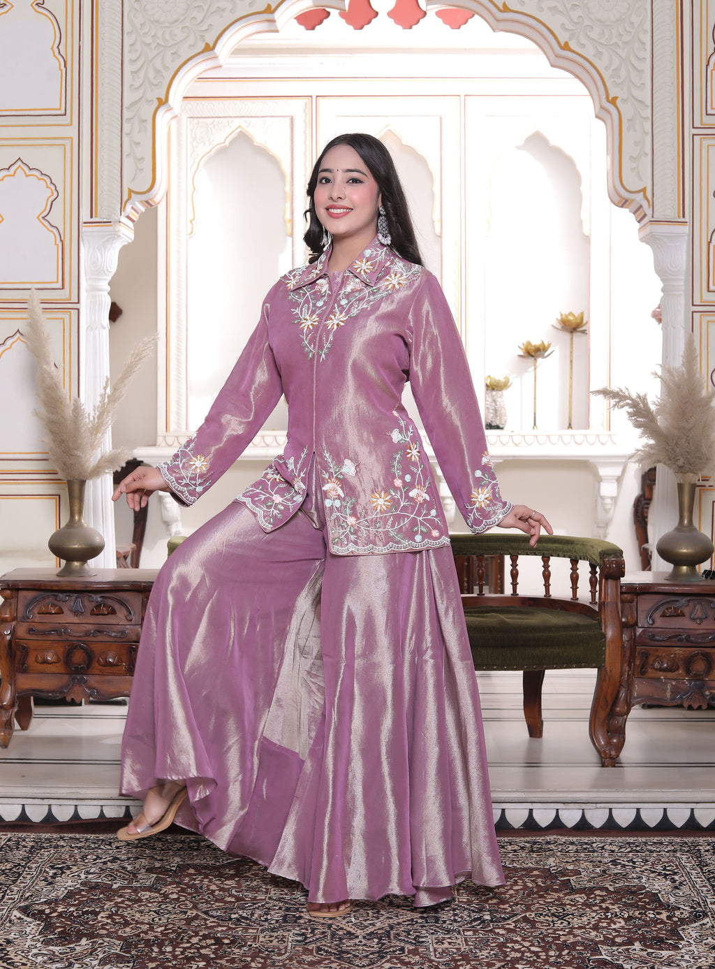 Lavender Collar Neck Front Cut Handwork Kurti with Circular Sharara Set