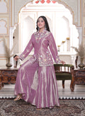 Lavender Collar Neck Front Cut Handwork Kurti with Circular Sharara Set
