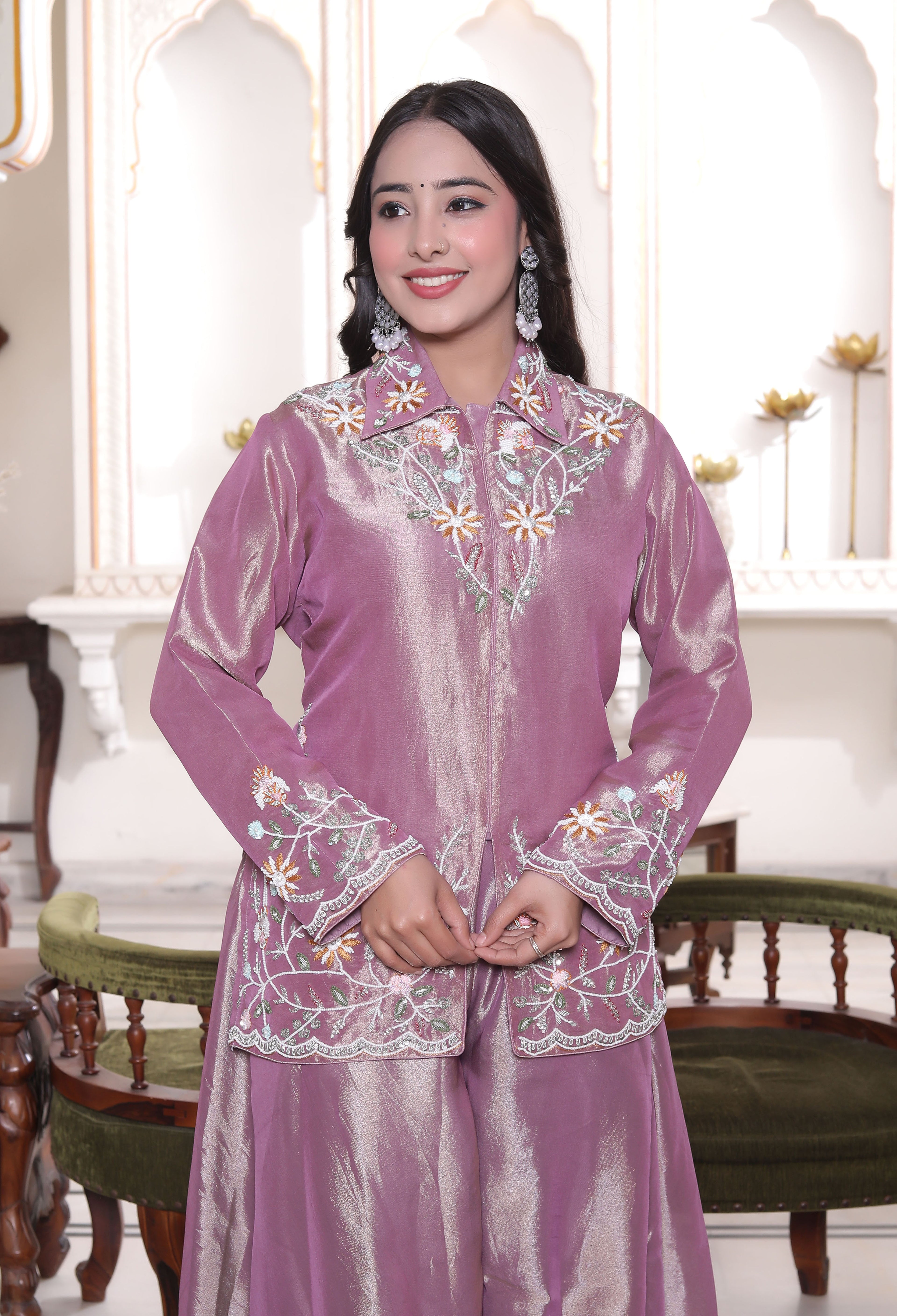 Lavender Collar Neck Front Cut Handwork Kurti with Circular Sharara Set