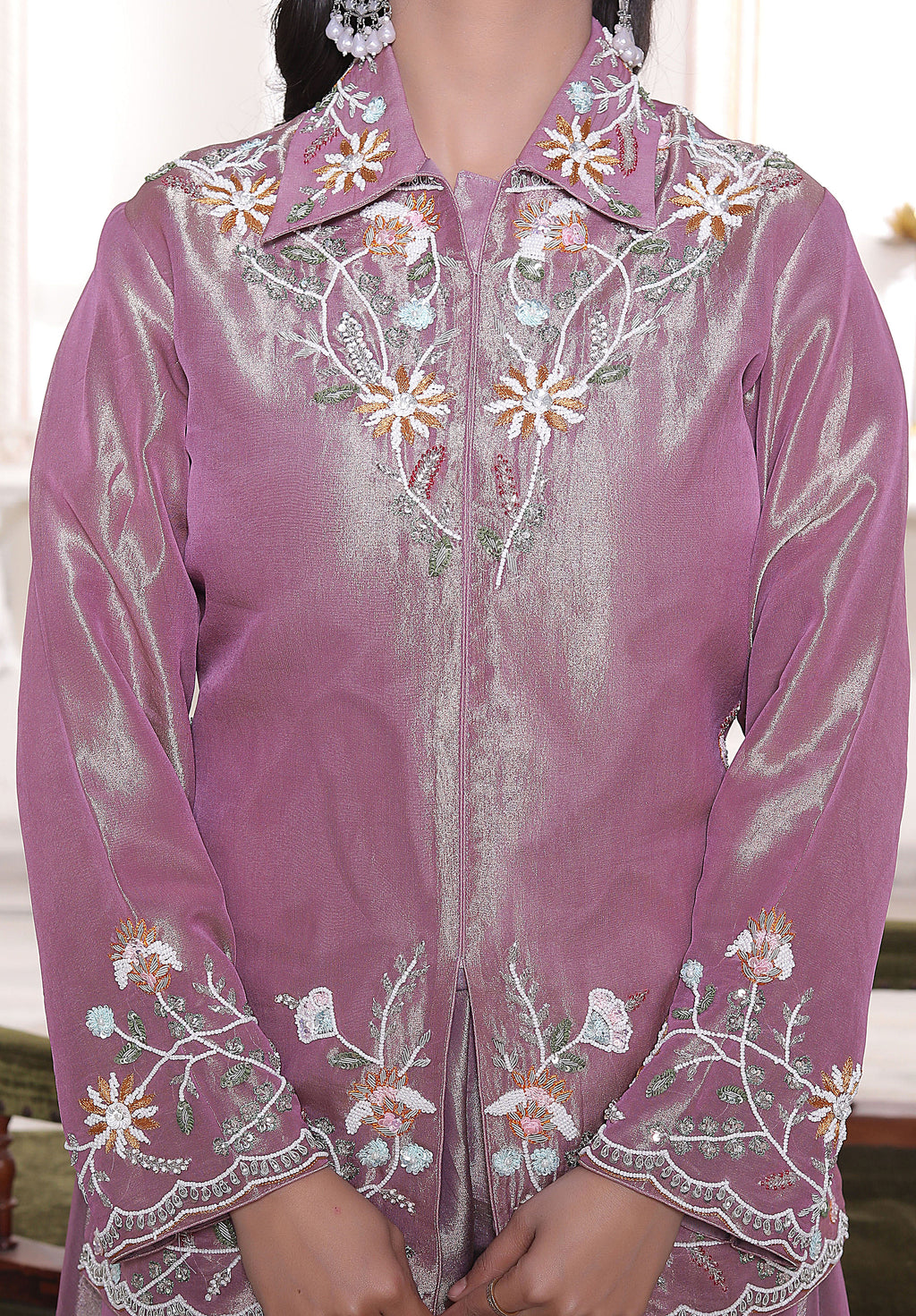 Lavender Collar Neck Front Cut Handwork Kurti with Circular Sharara Set