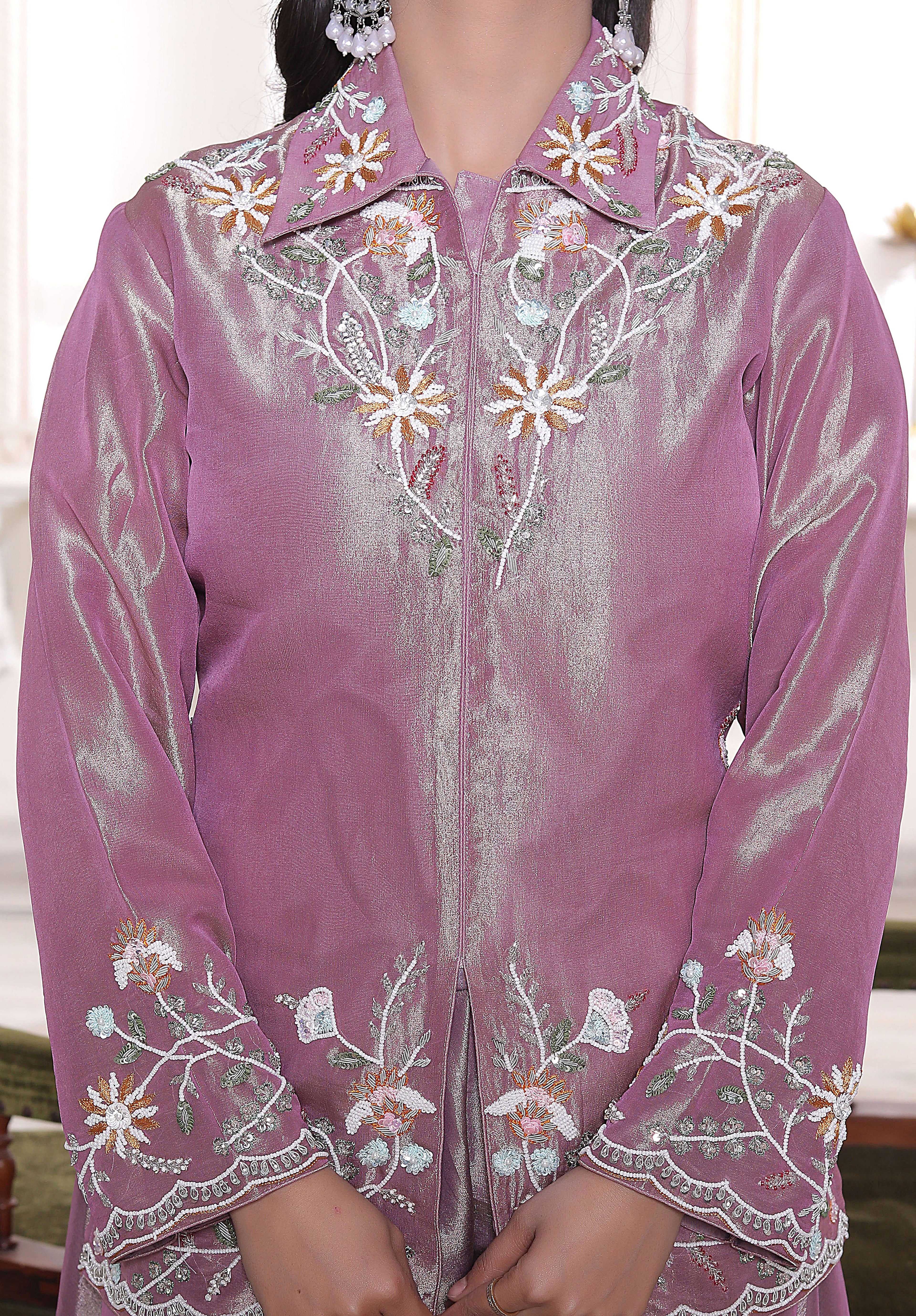 Lavender Collar Neck Front Cut Handwork Kurti with Circular Sharara Set