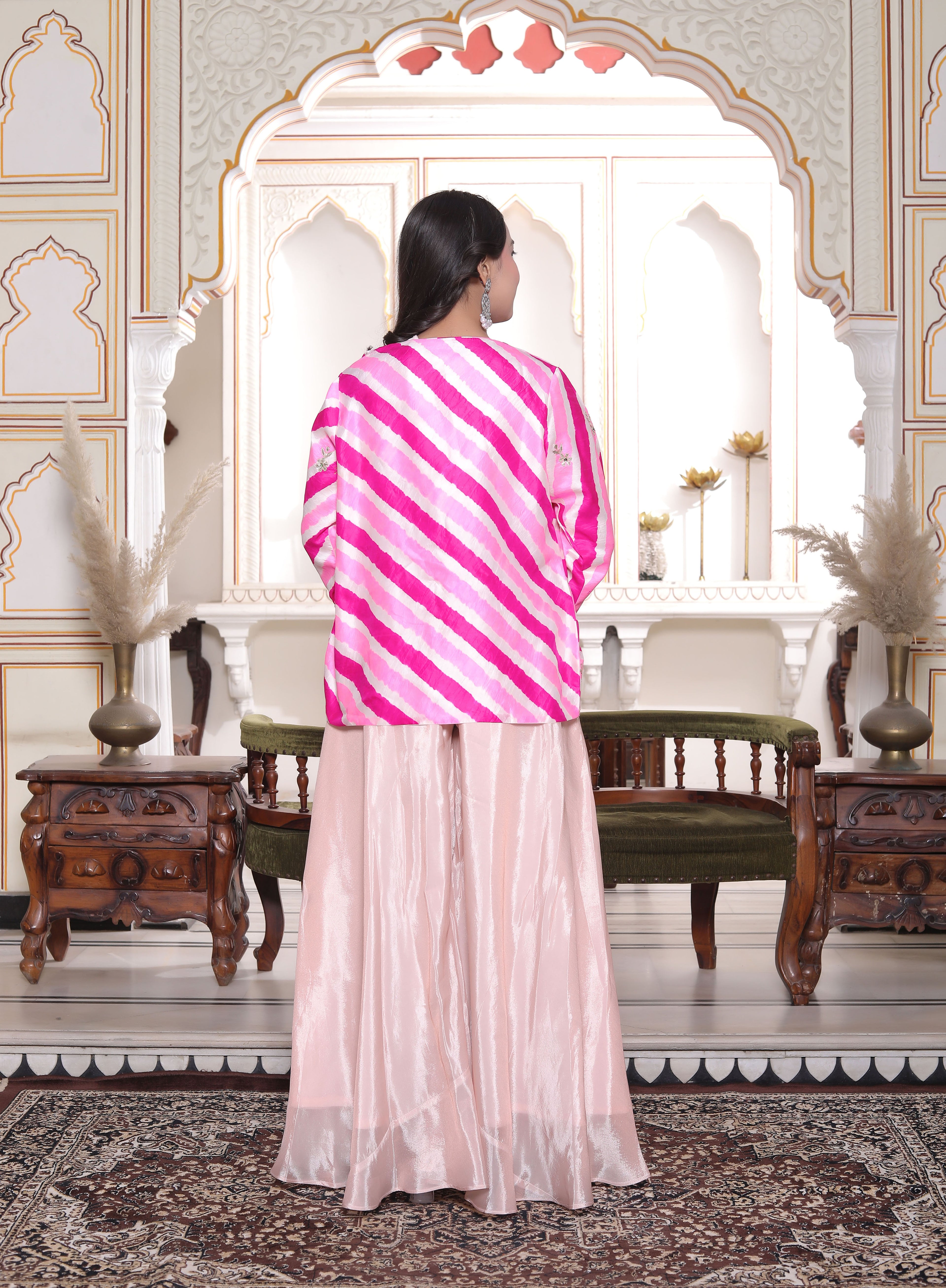 Pink Silk Crop Top with Circular Sharara & Leheriya Handwork Jacket Set