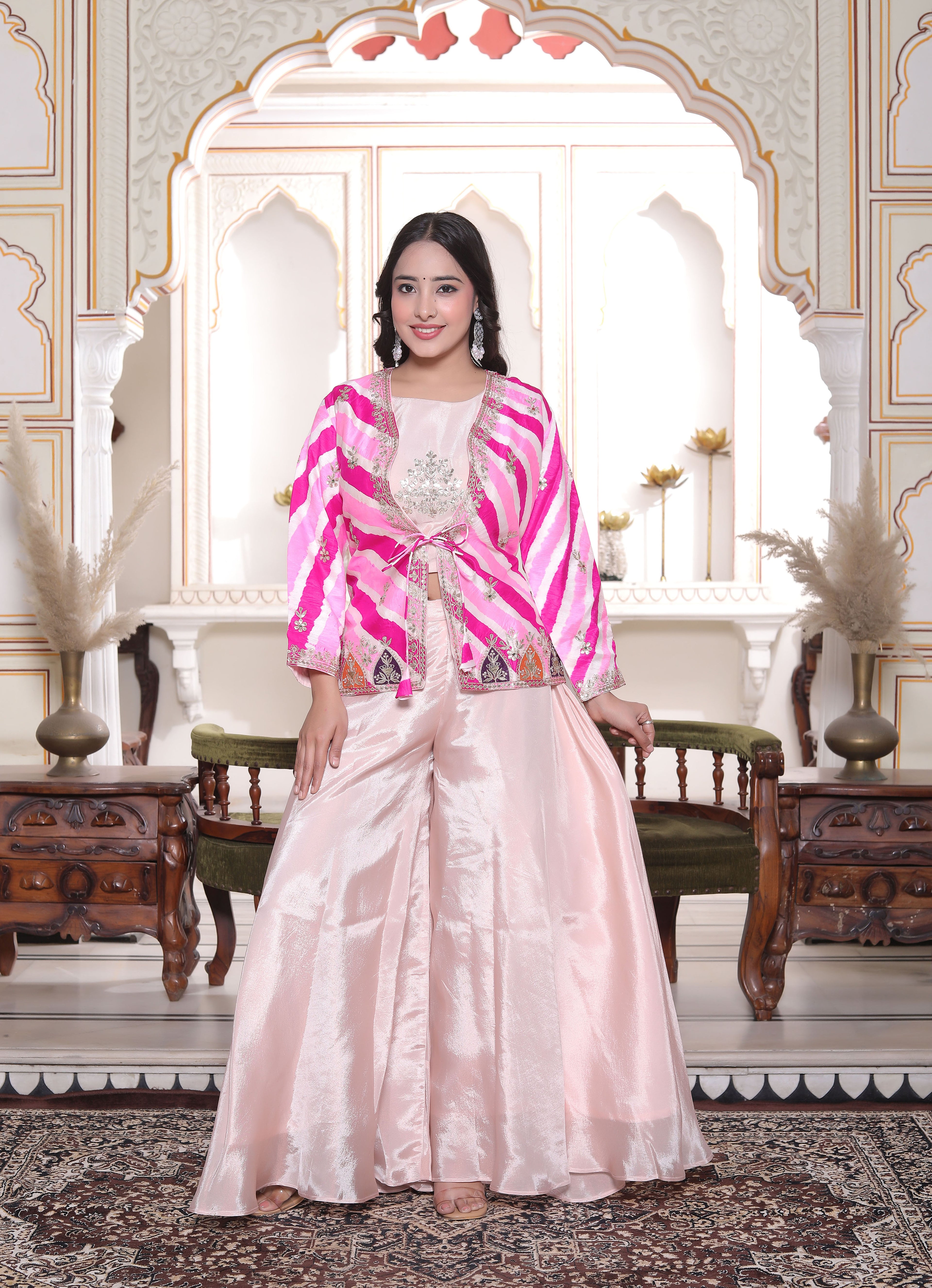 Pink Silk Crop Top with Circular Sharara & Leheriya Handwork Jacket Set