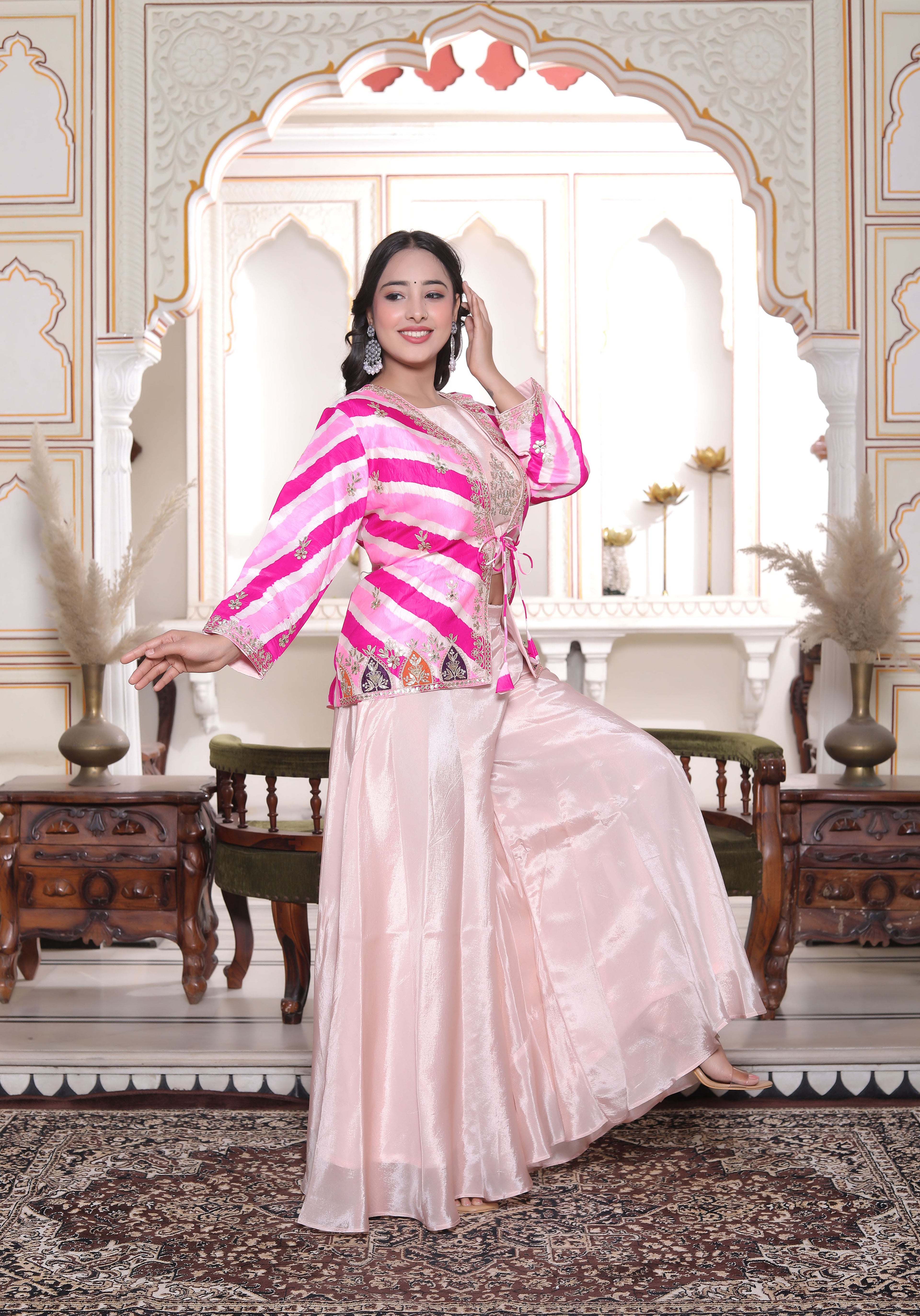 Pink Silk Crop Top with Circular Sharara & Leheriya Handwork Jacket Set