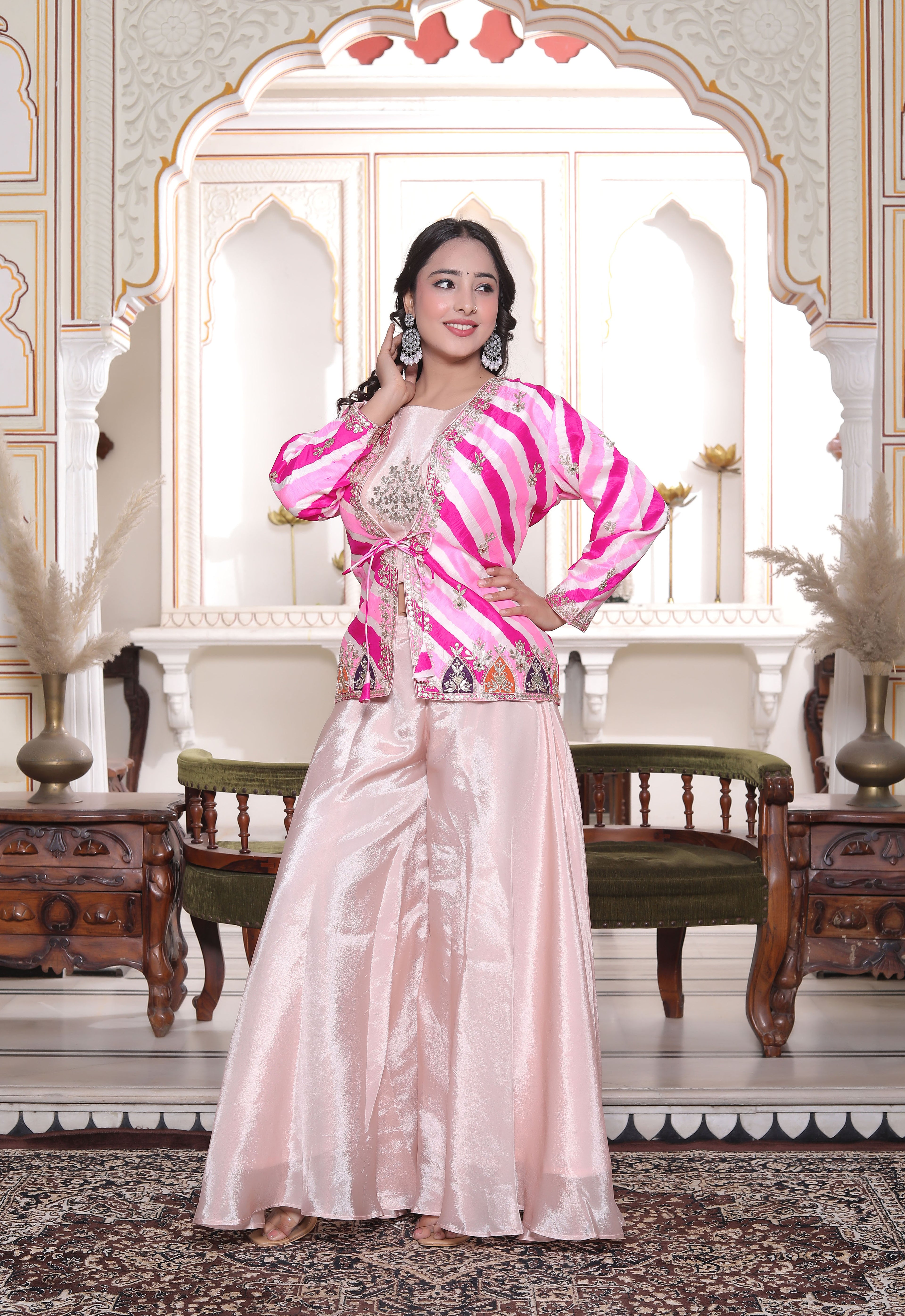 Pink Silk Crop Top with Circular Sharara & Leheriya Handwork Jacket Set