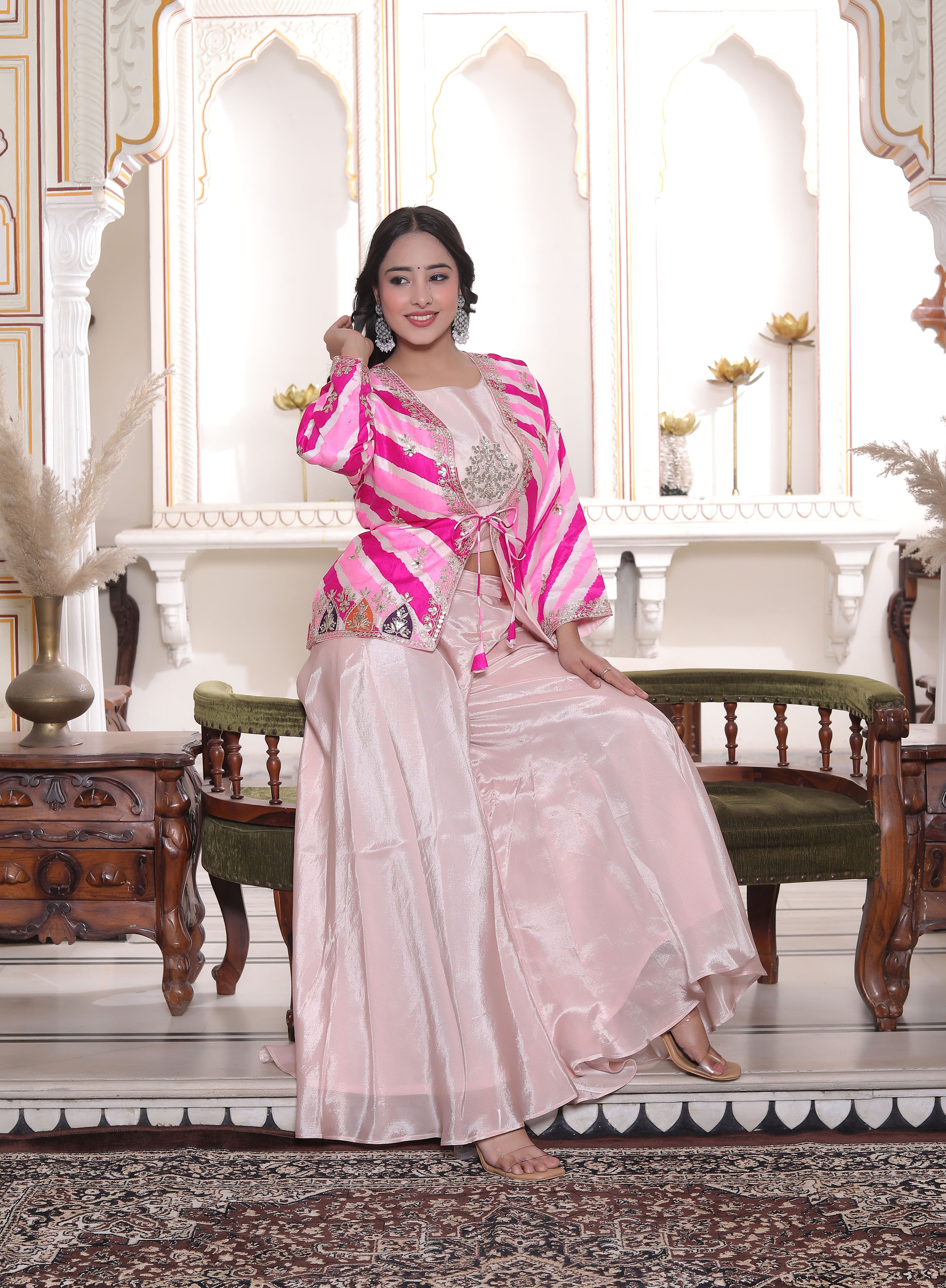 Pink Silk Crop Top with Circular Sharara & Leheriya Handwork Jacket Set