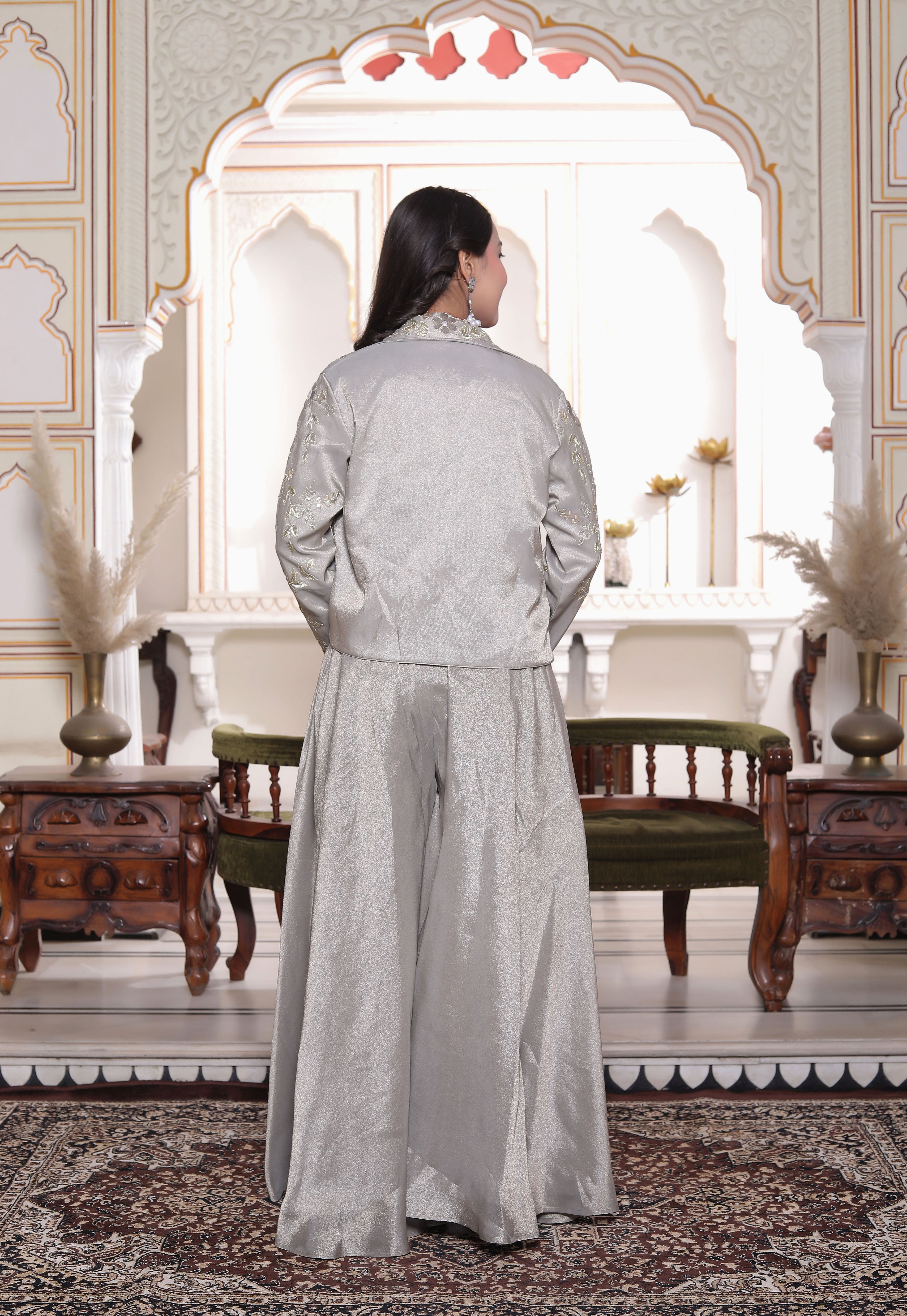 Grey Silk Crop Top with Circular Sharara & Handwork Jacket Set