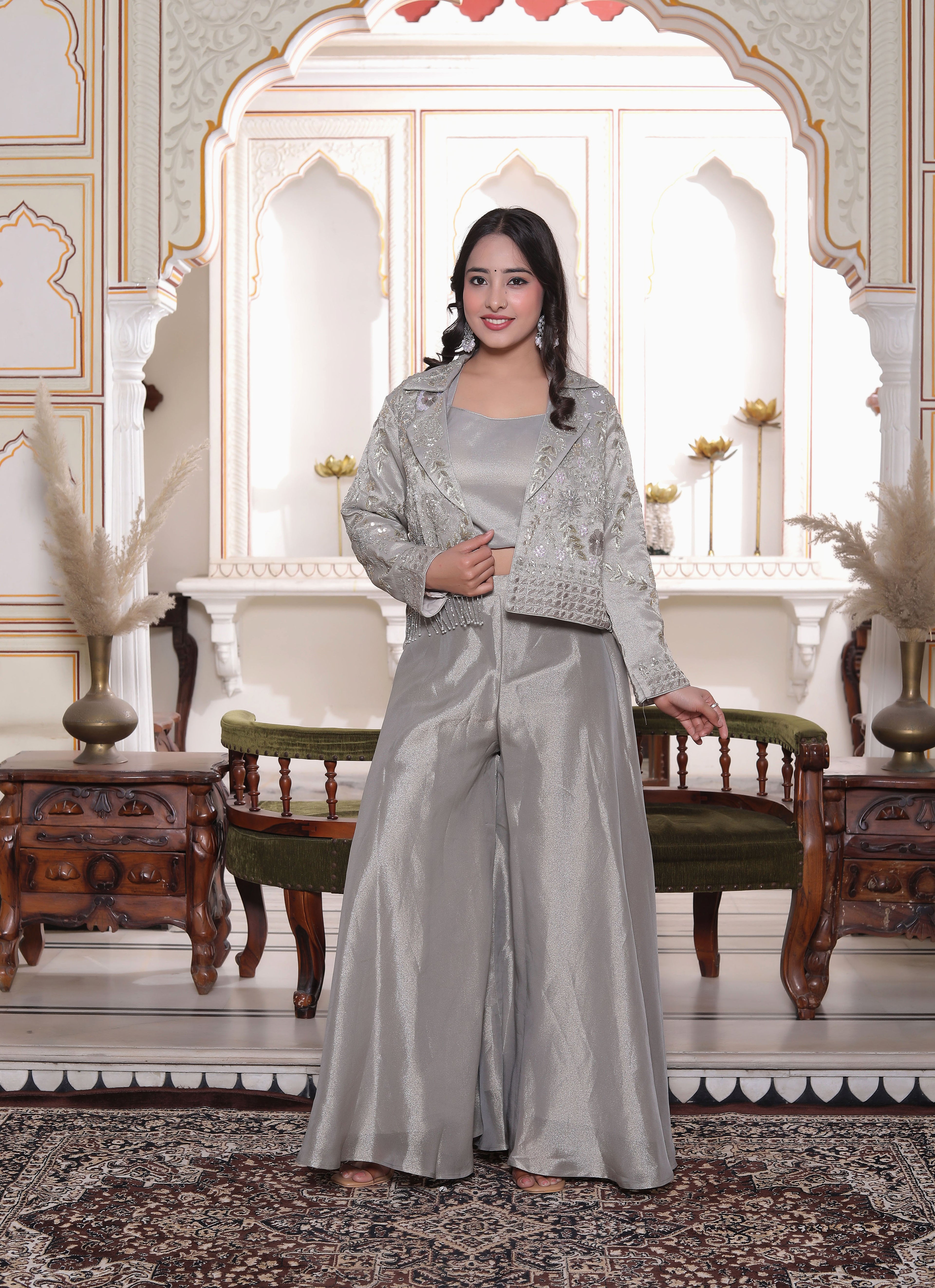 Grey Silk Crop Top with Circular Sharara & Handwork Jacket Set