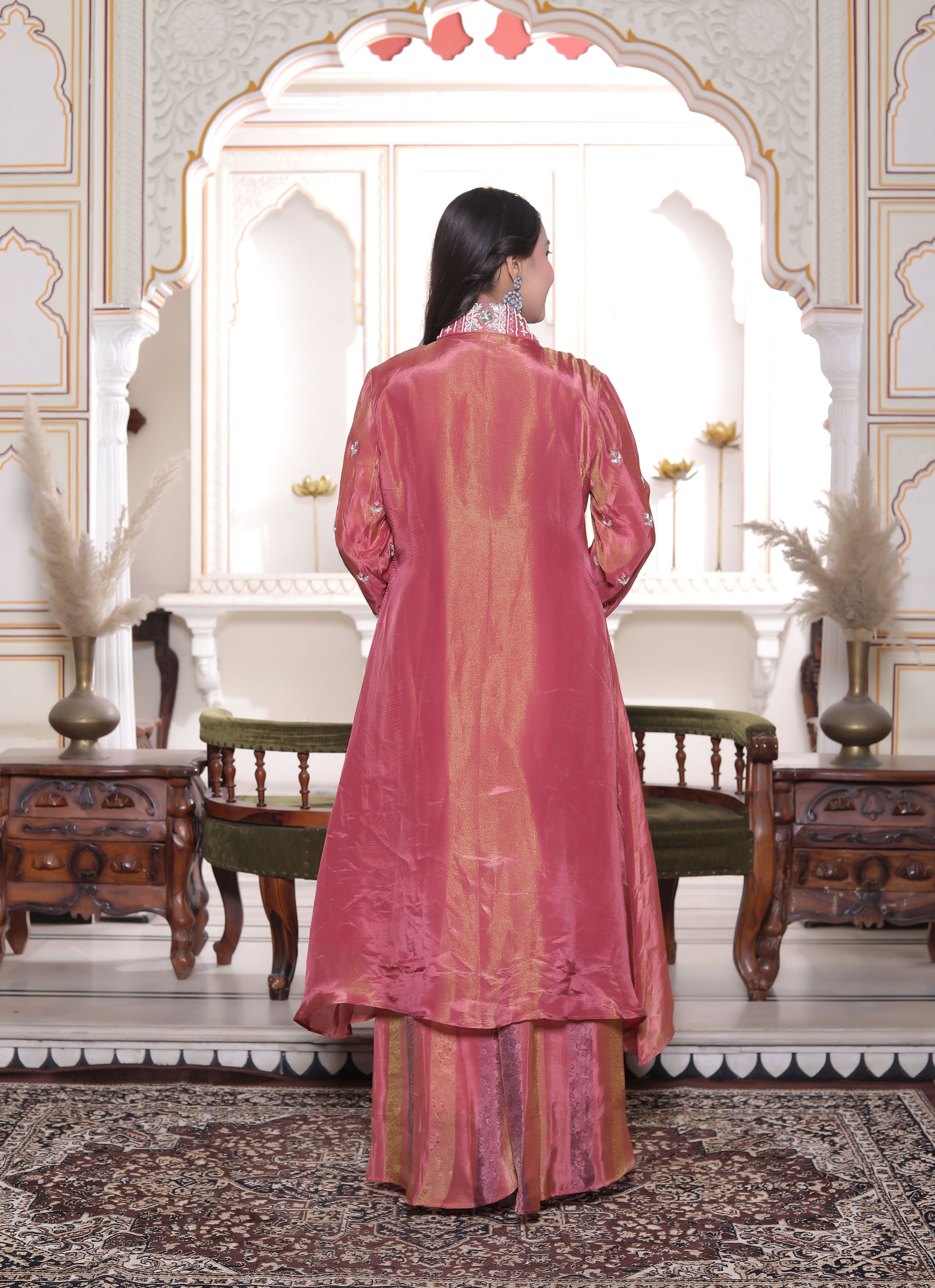 Pink Silk Long Calf Length Handwork Top with Palazzo Set