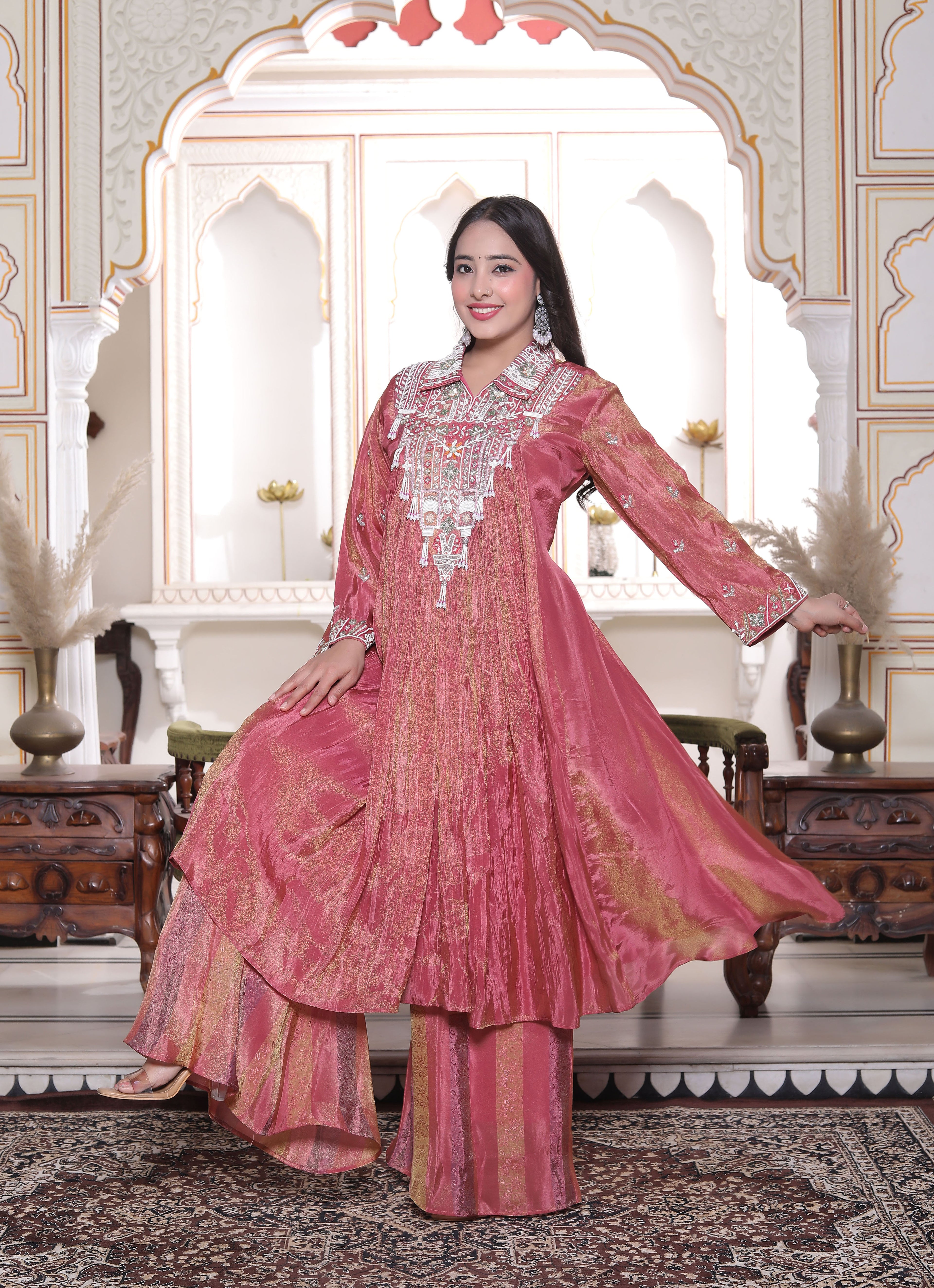 Pink Silk Long Calf Length Handwork Top with Palazzo Set