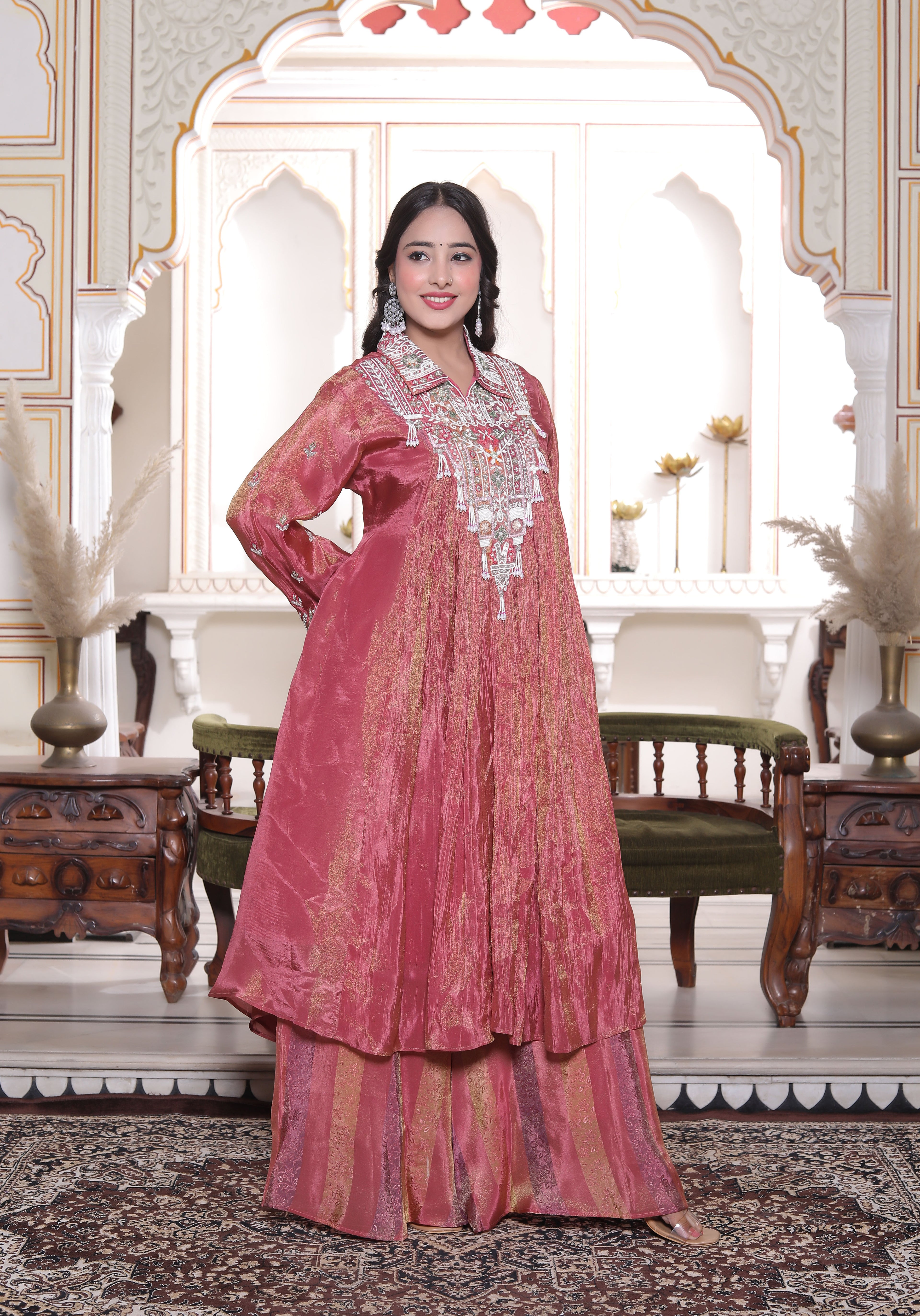 Pink Silk Long Calf Length Handwork Top with Palazzo Set