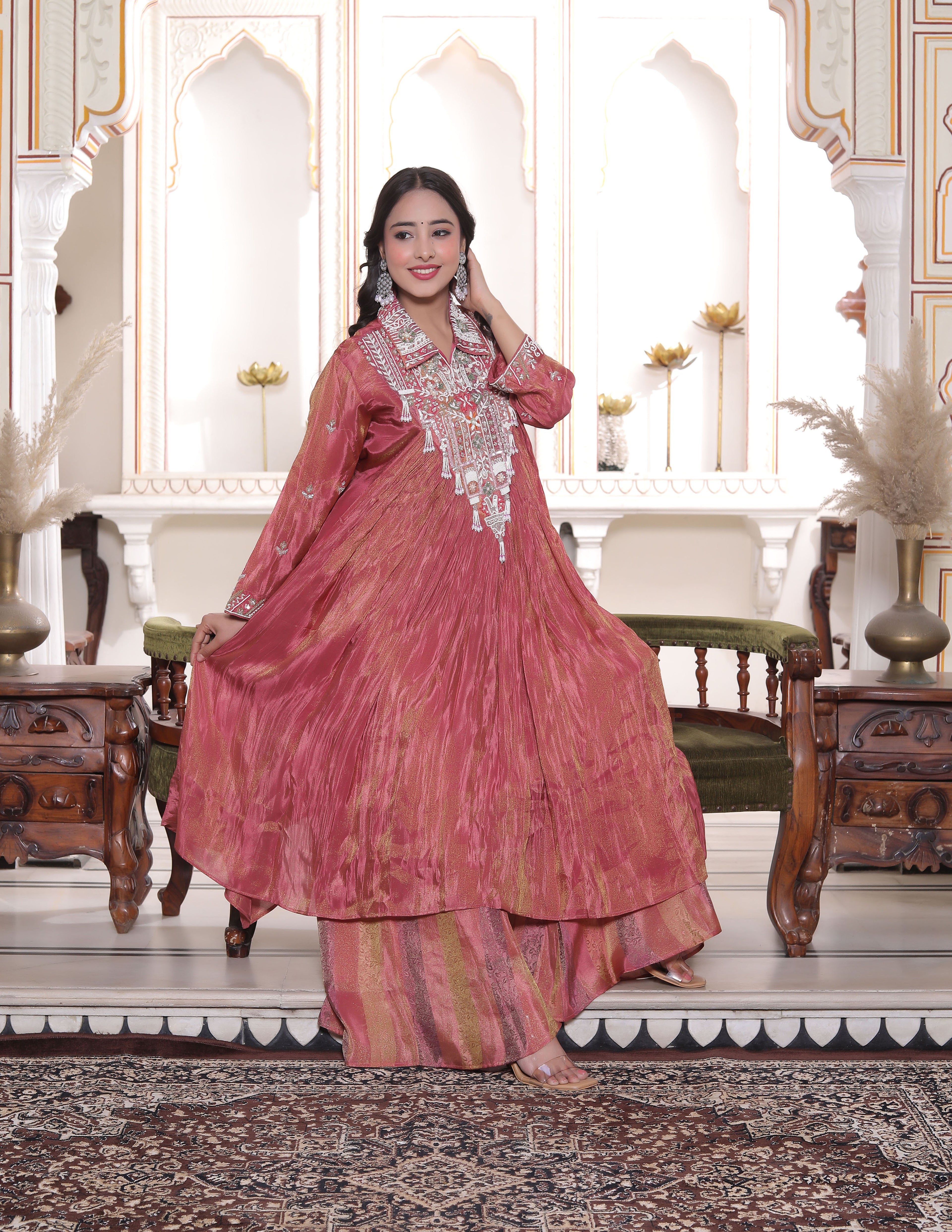 Pink Silk Long Calf Length Handwork Top with Palazzo Set