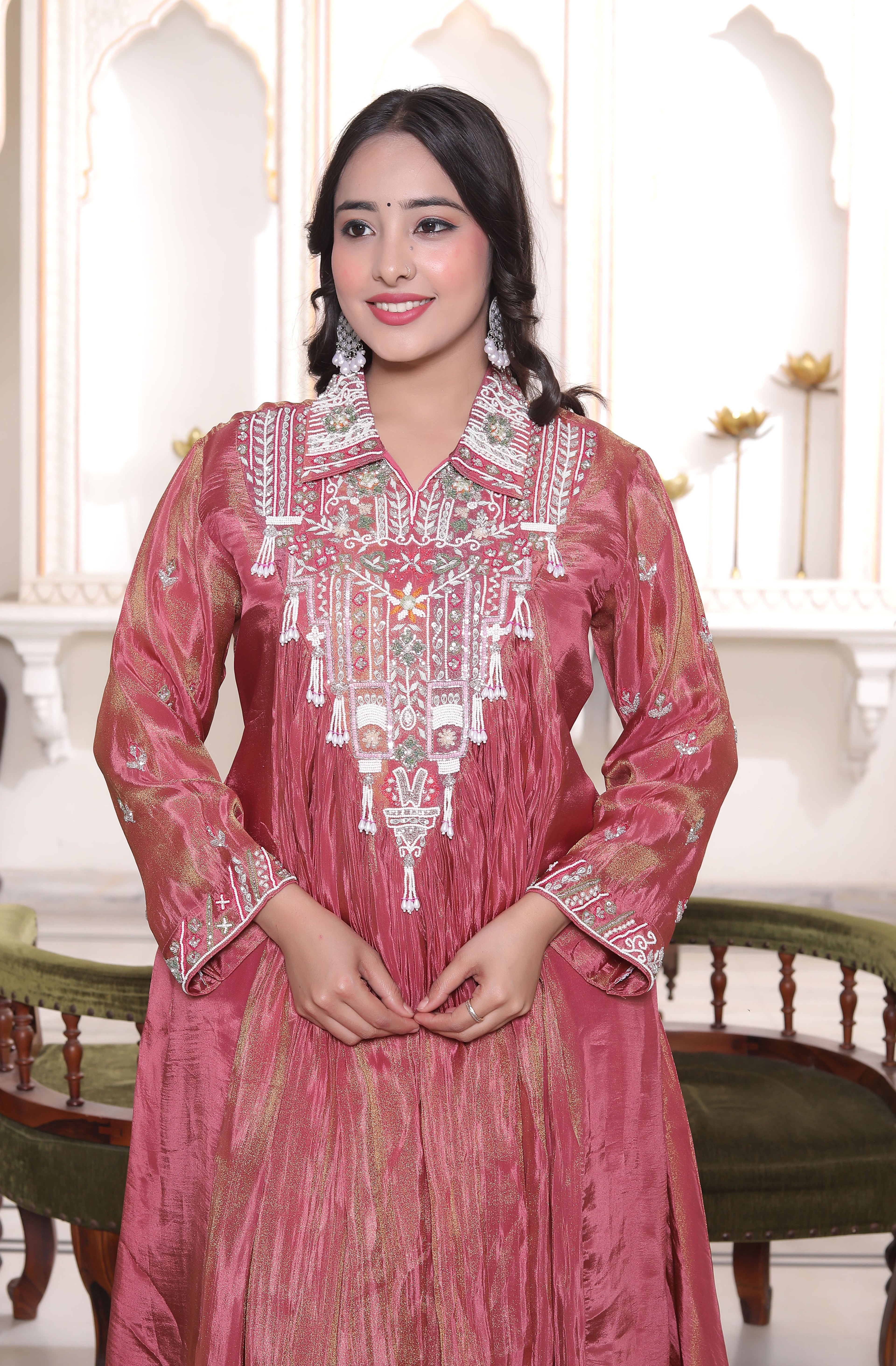 Pink Silk Long Calf Length Handwork Top with Palazzo Set
