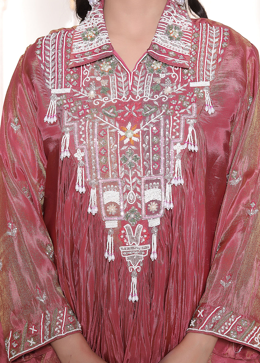 Pink Silk Long Calf Length Handwork Top with Palazzo Set