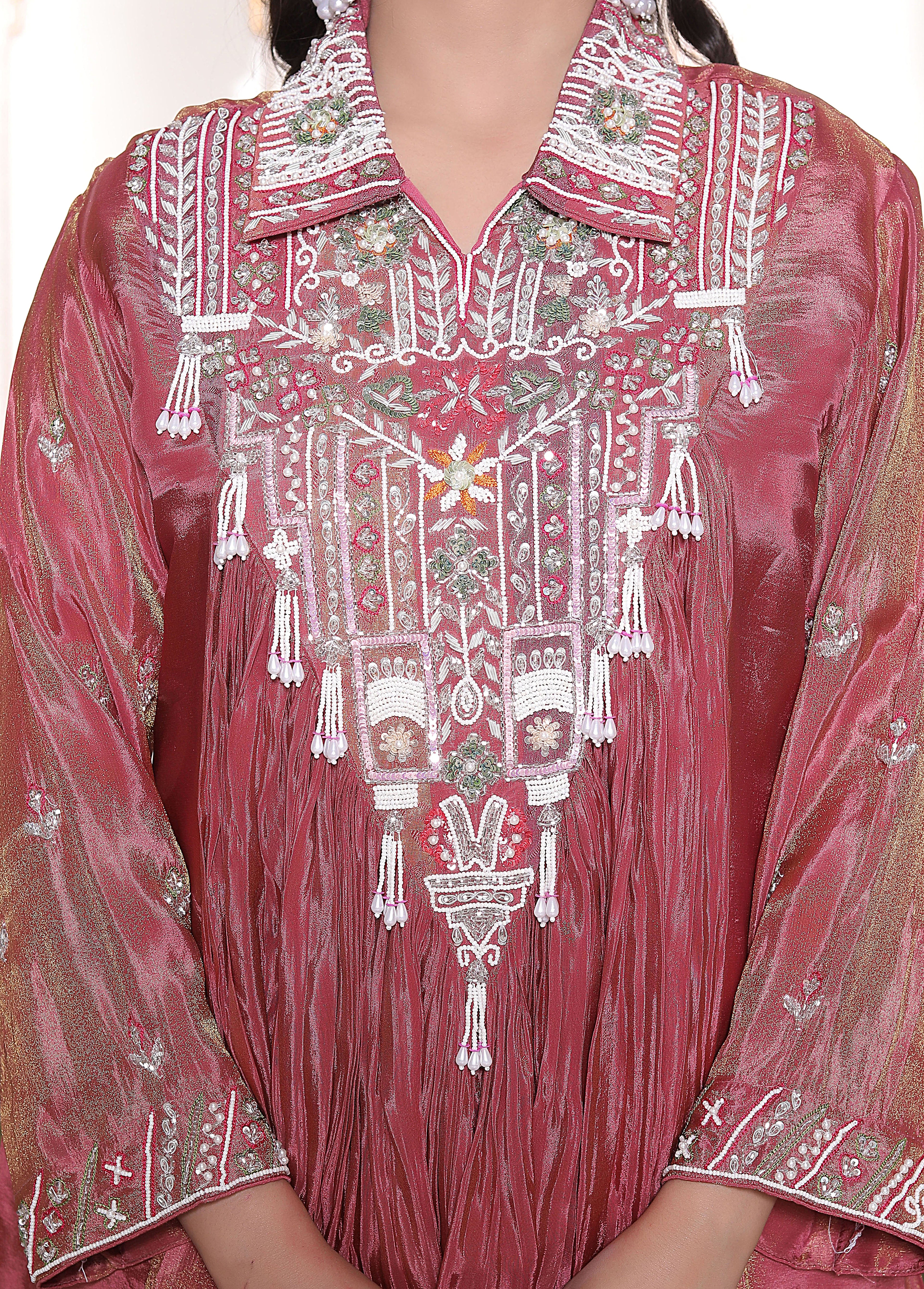 Pink Silk Long Calf Length Handwork Top with Palazzo Set