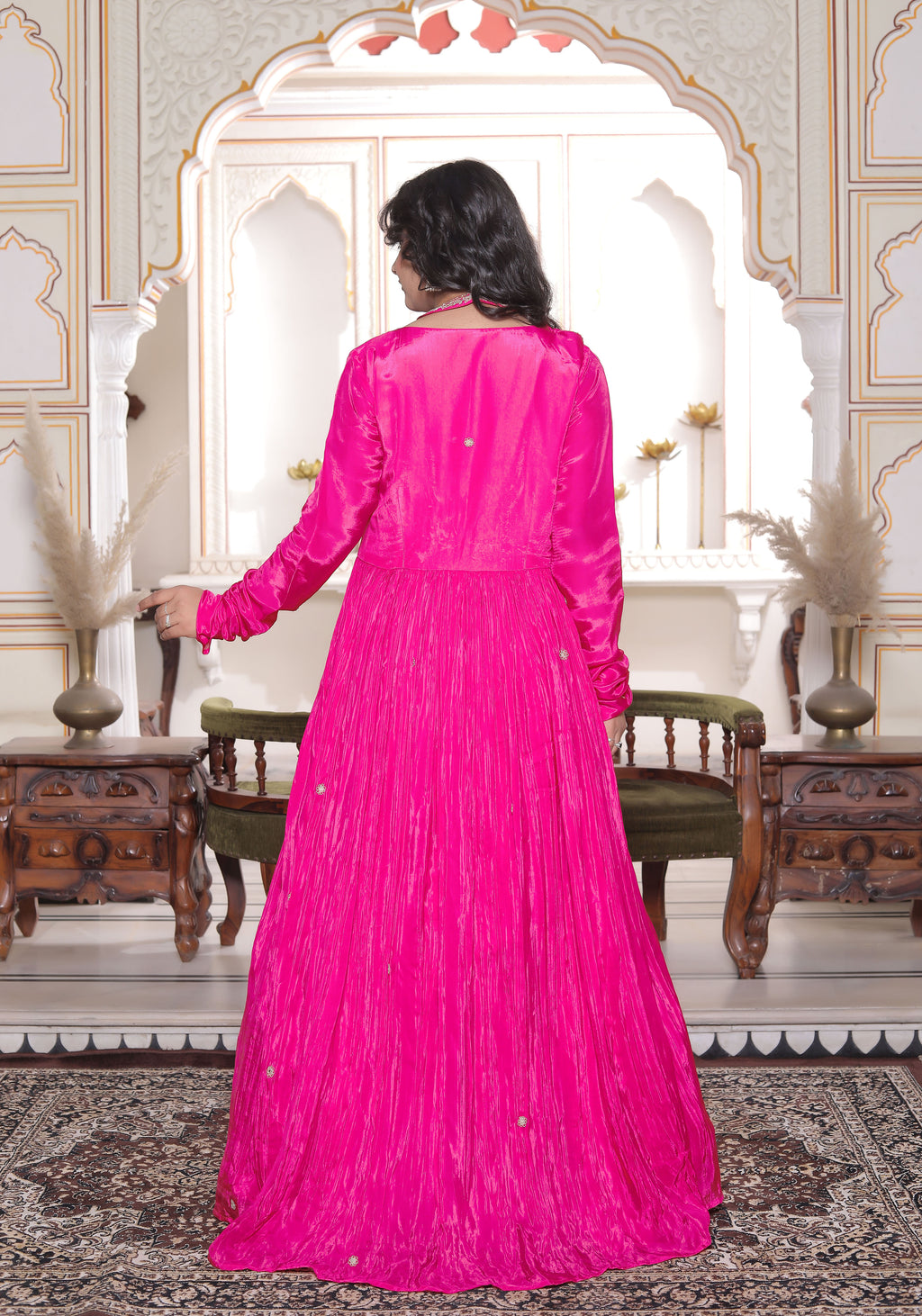 Pink Silk Handwork Flared Gown