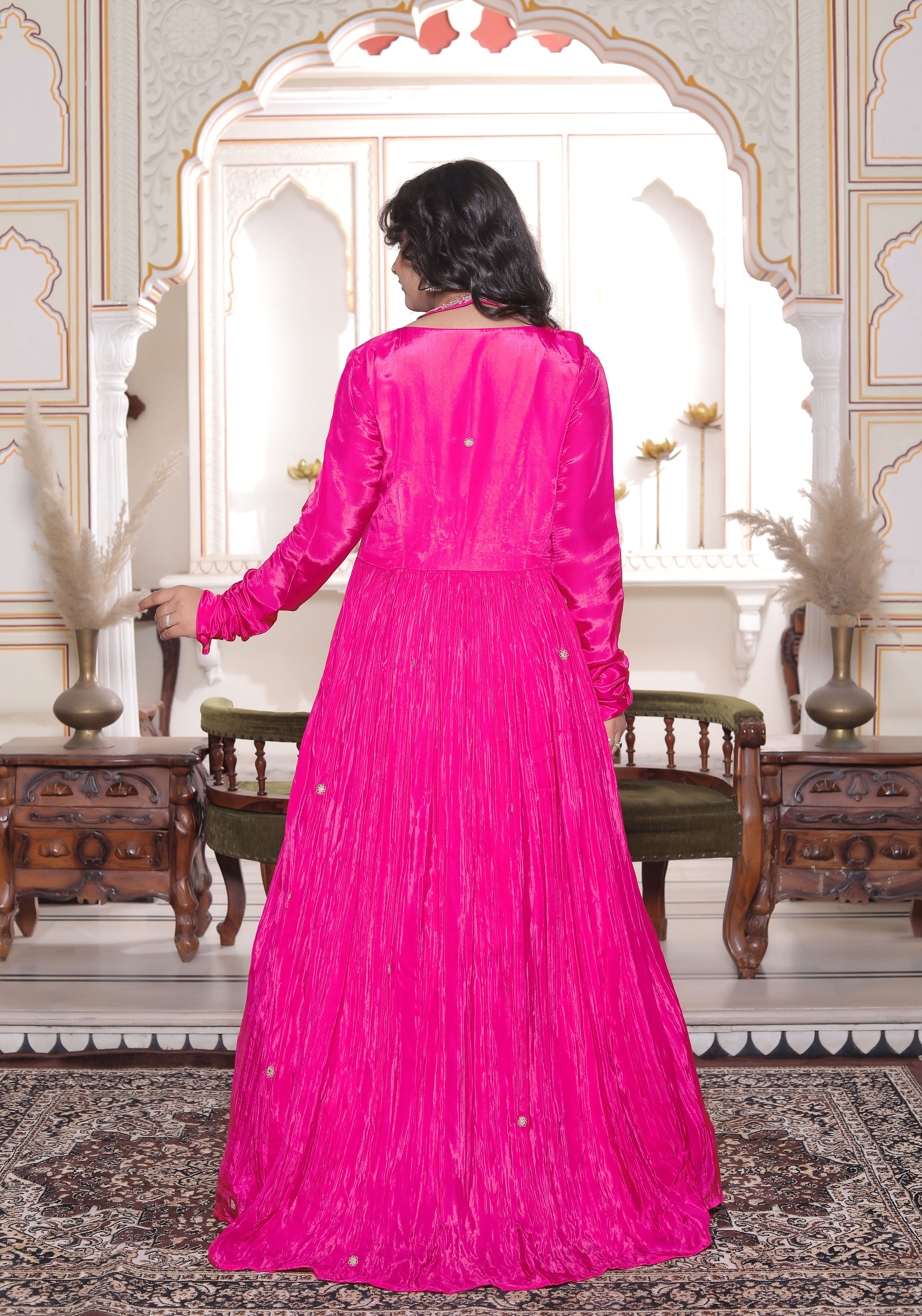 Pink Silk Handwork Flared Gown