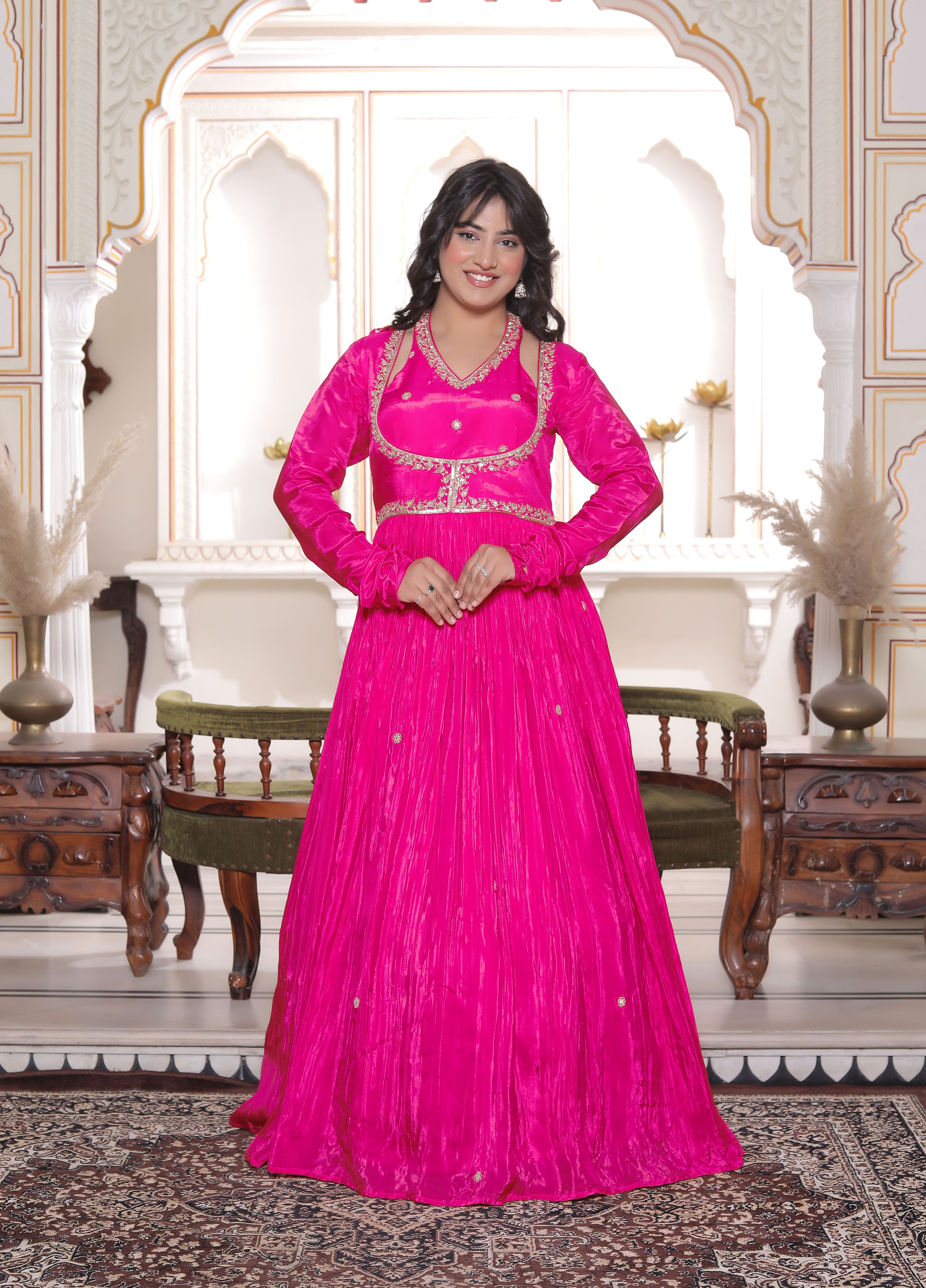 Pink Silk Handwork Flared Gown