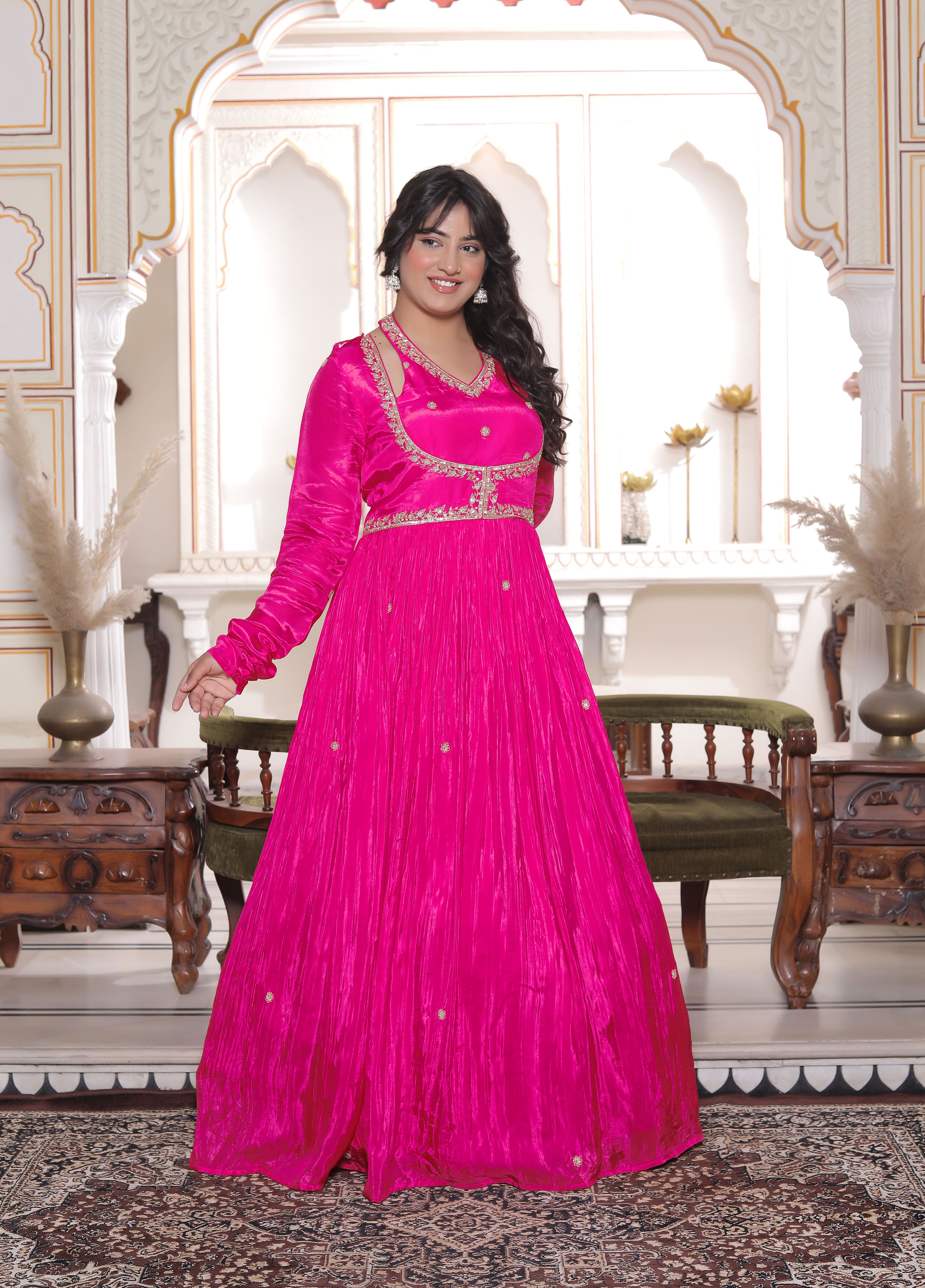Pink Silk Handwork Flared Gown