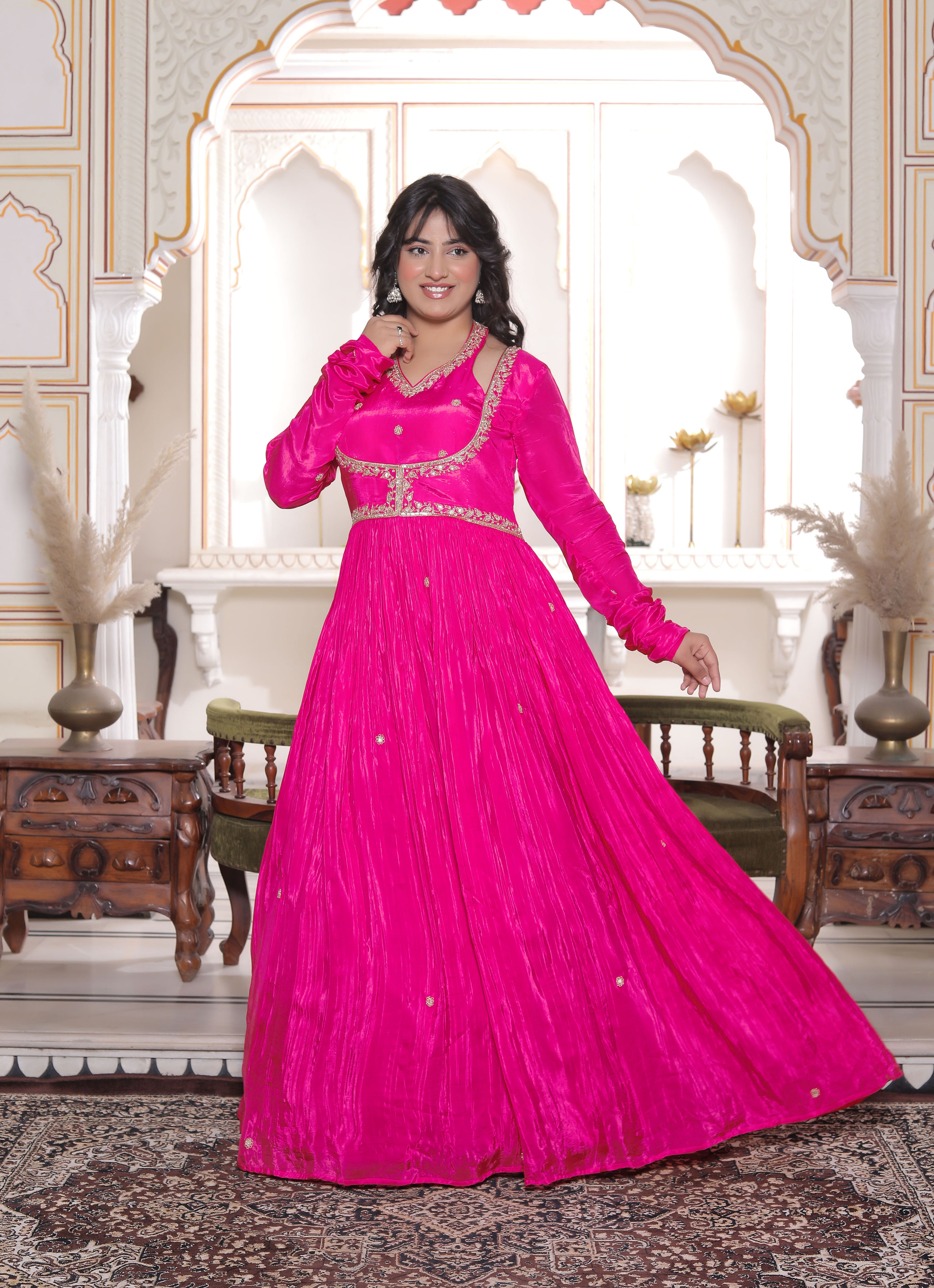 Pink Silk Handwork Flared Gown