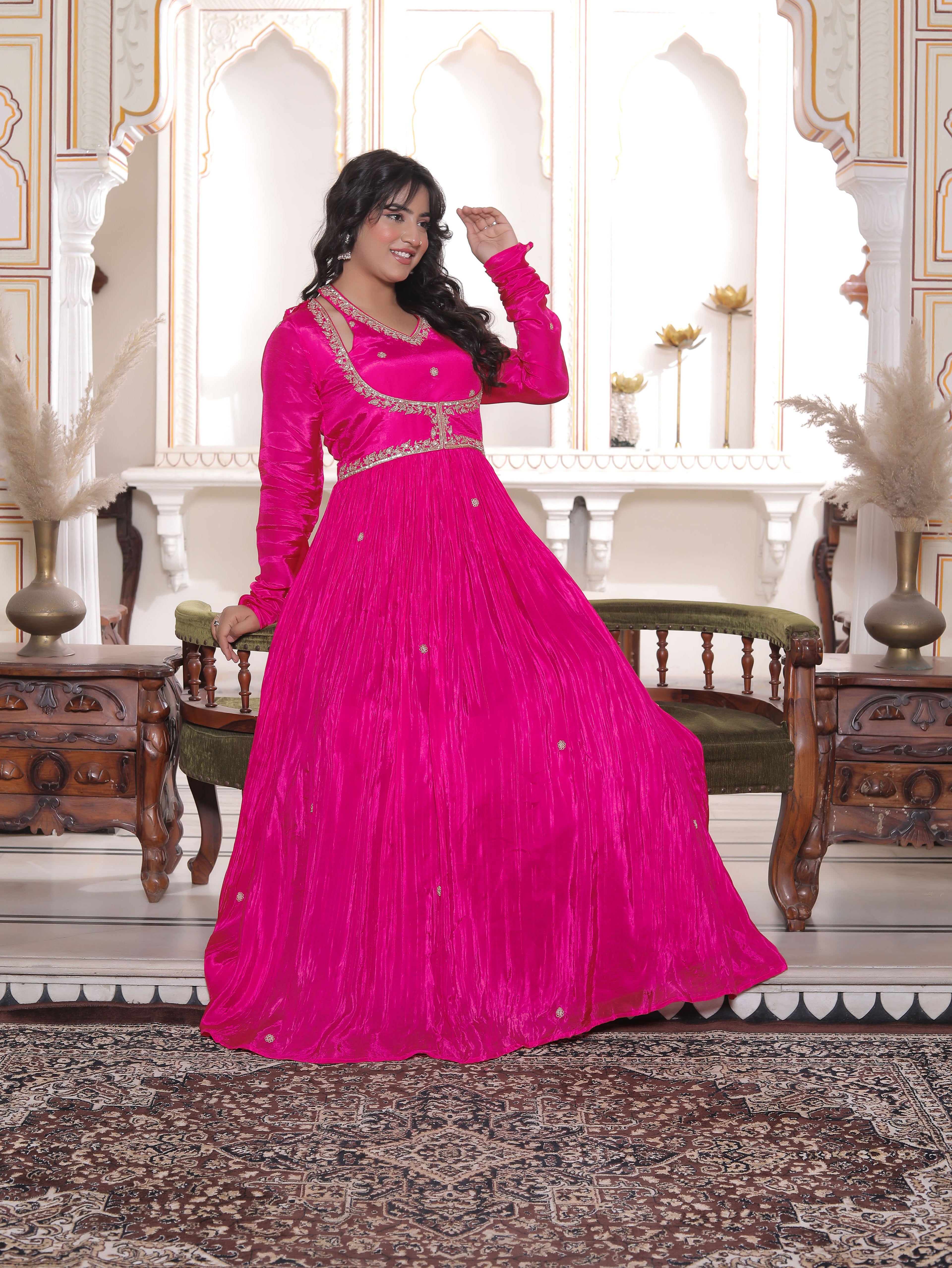 Pink Silk Handwork Flared Gown