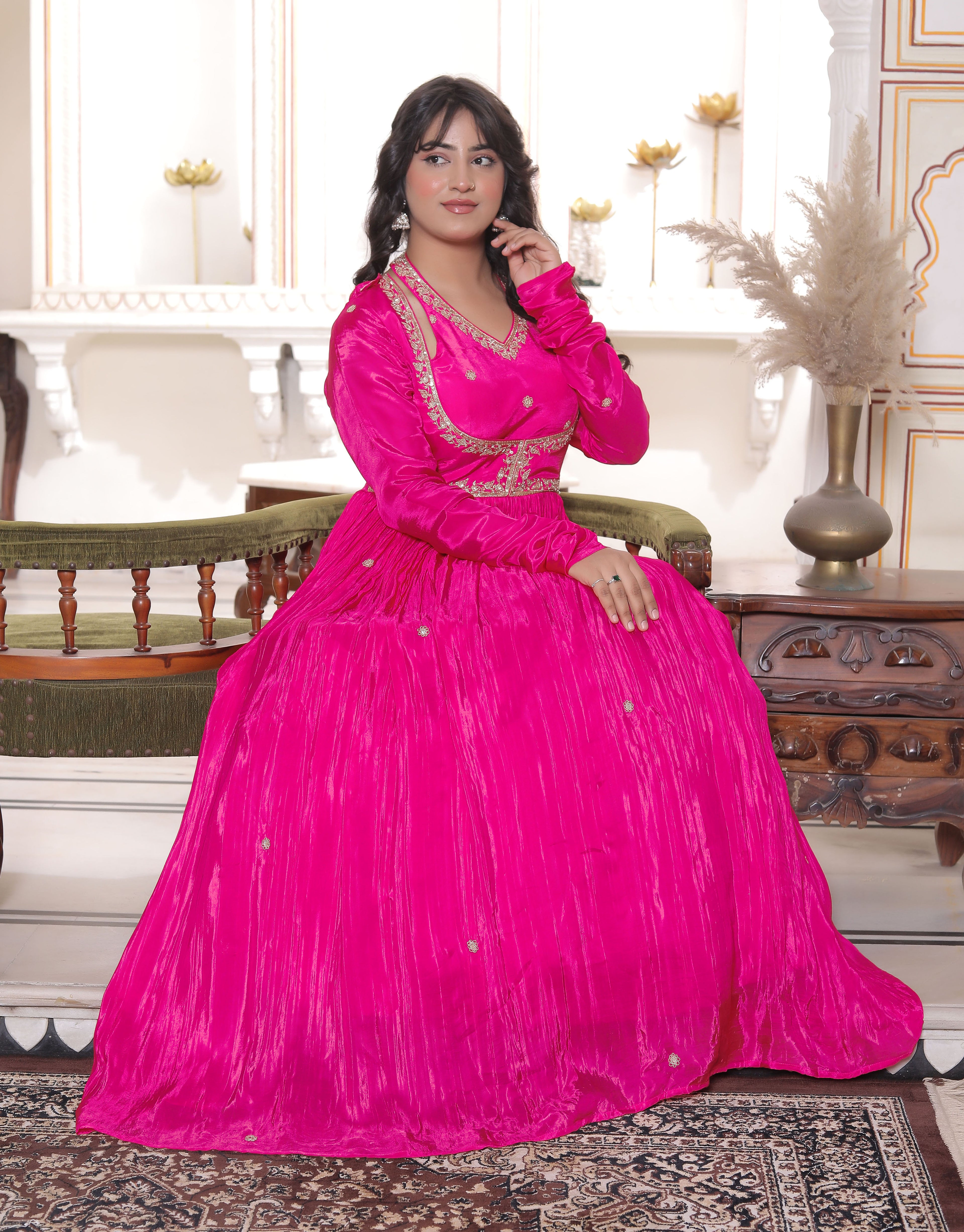 Pink Silk Handwork Flared Gown