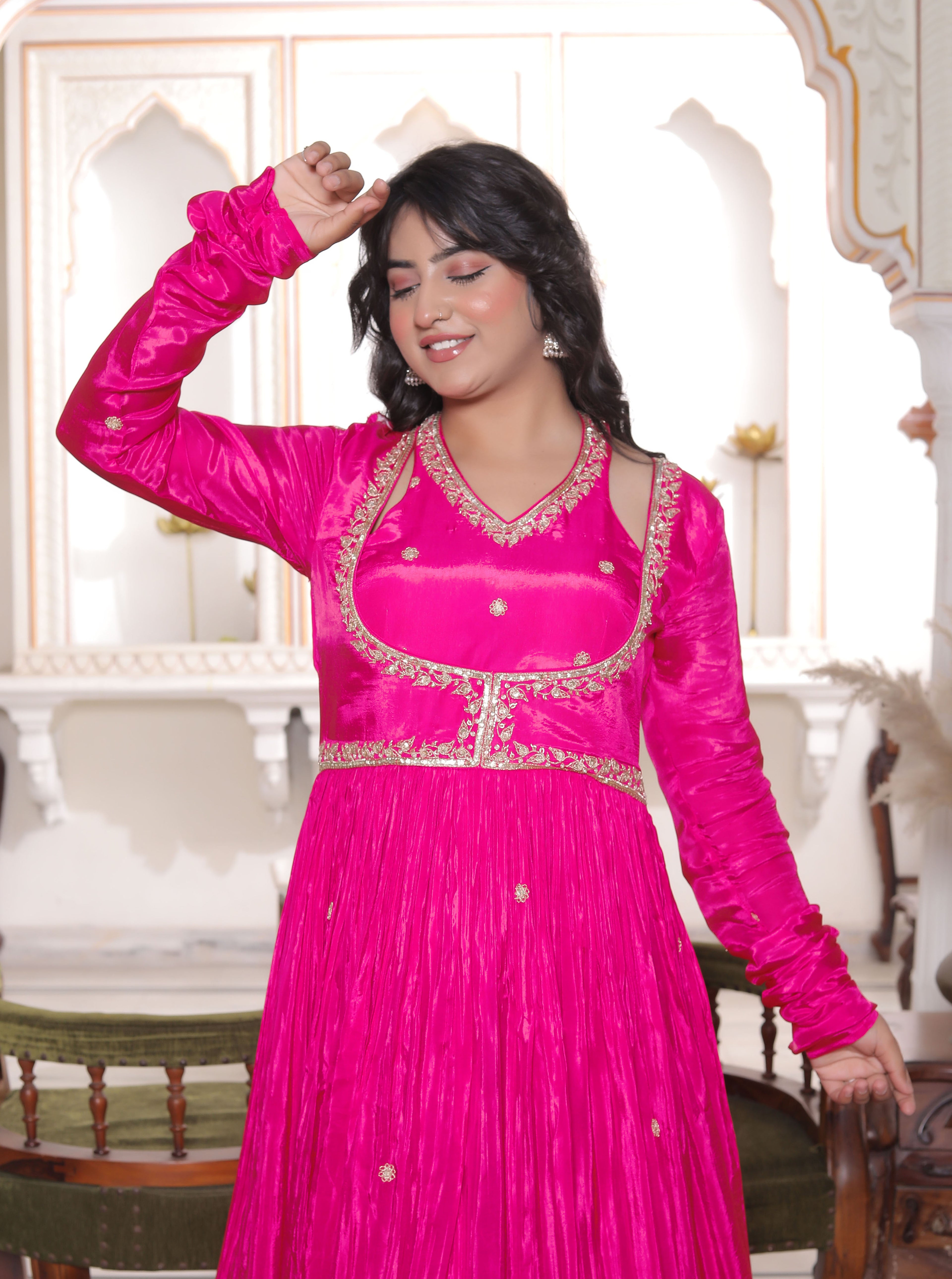 Pink Silk Handwork Flared Gown