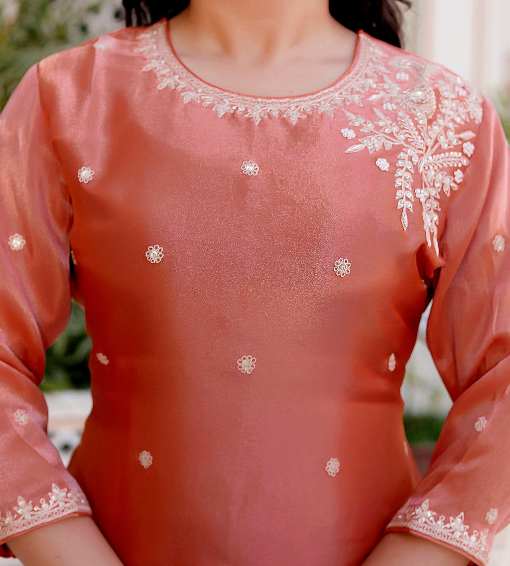 Peach Short Handwork Kurti with Circular Flared Palazzo & Dupatta Set