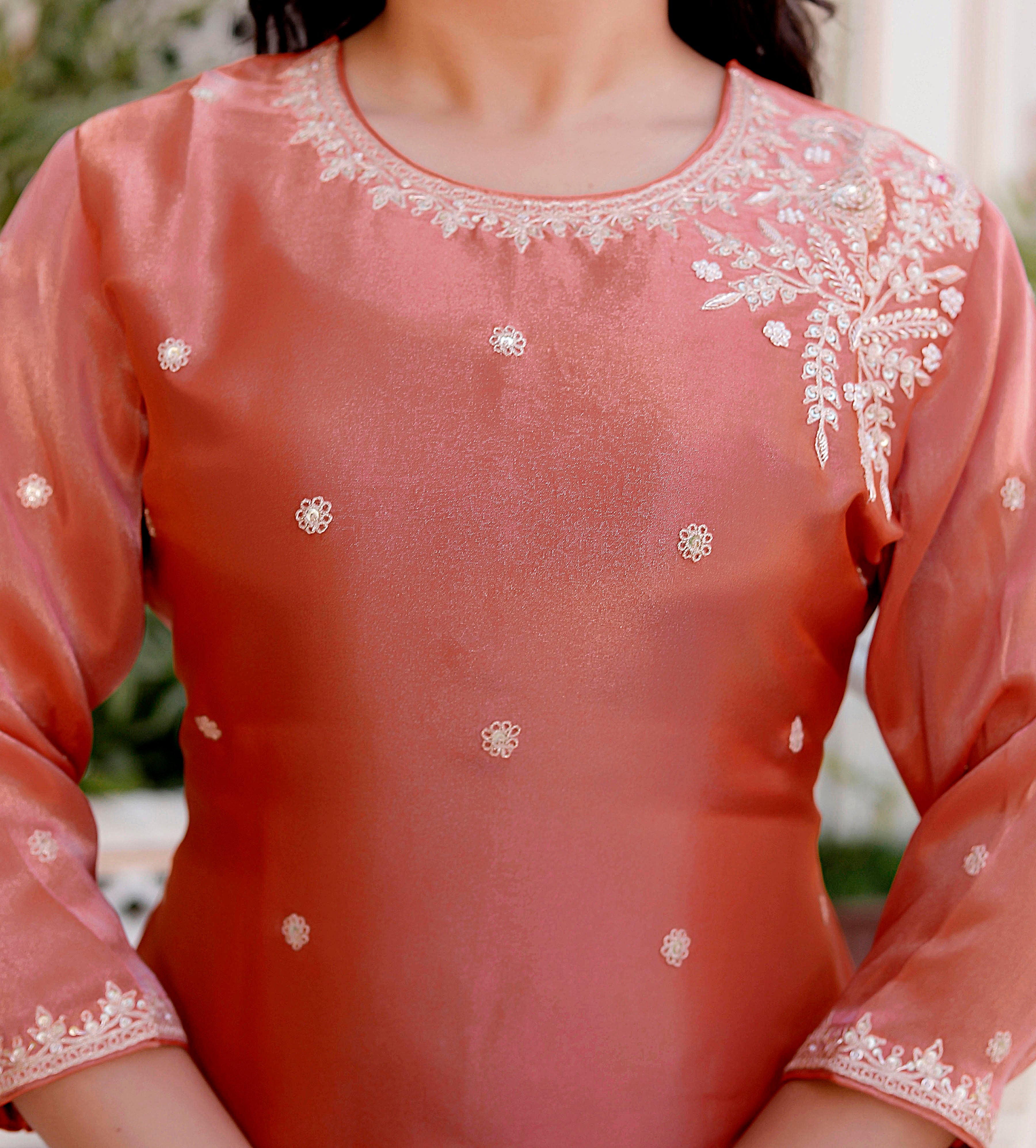 Peach Short Handwork Kurti with Circular Flared Palazzo & Dupatta Set