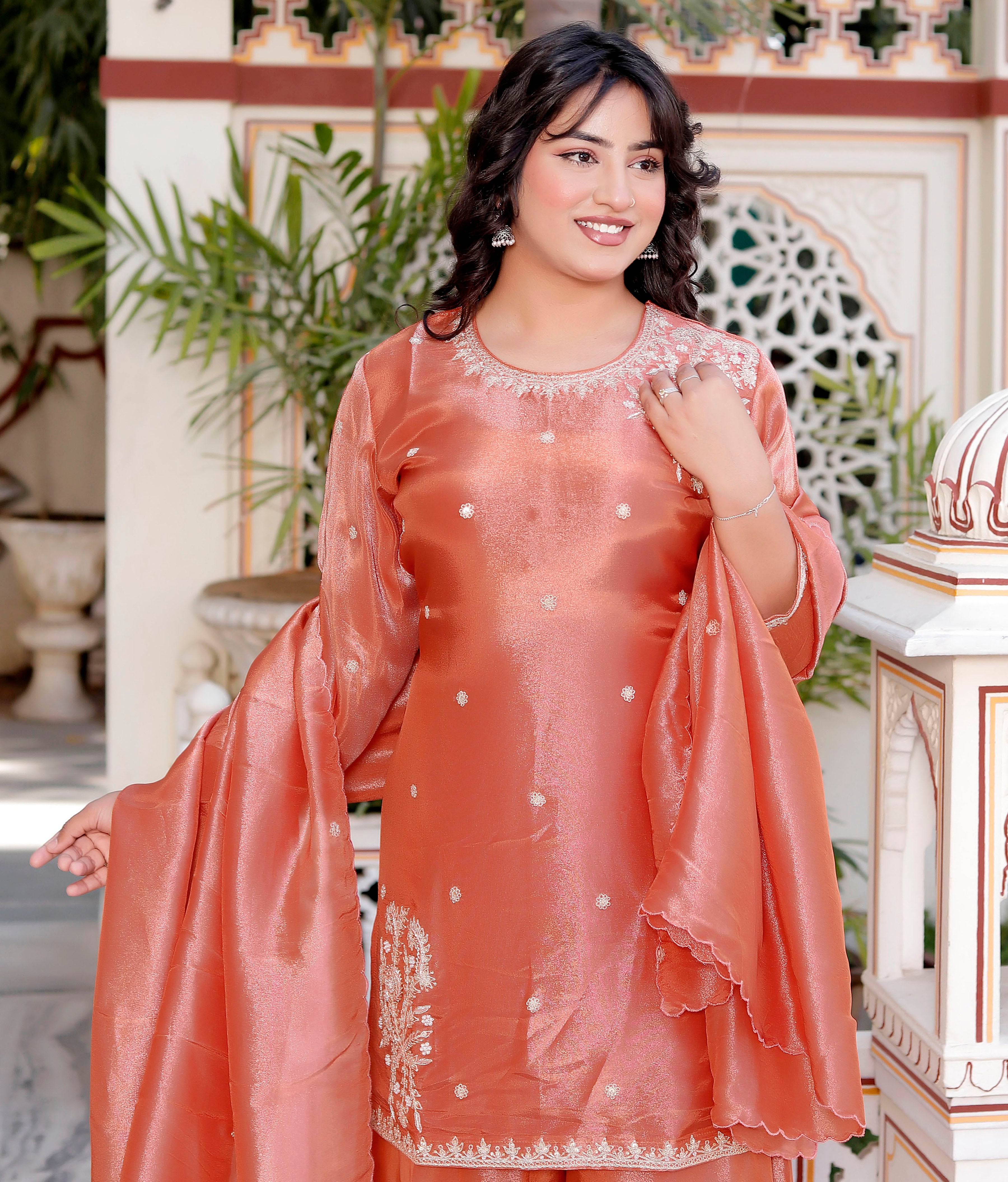 Peach Short Handwork Kurti with Circular Flared Palazzo & Dupatta Set