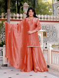Peach Short Handwork Kurti with Circular Flared Palazzo & Dupatta Set