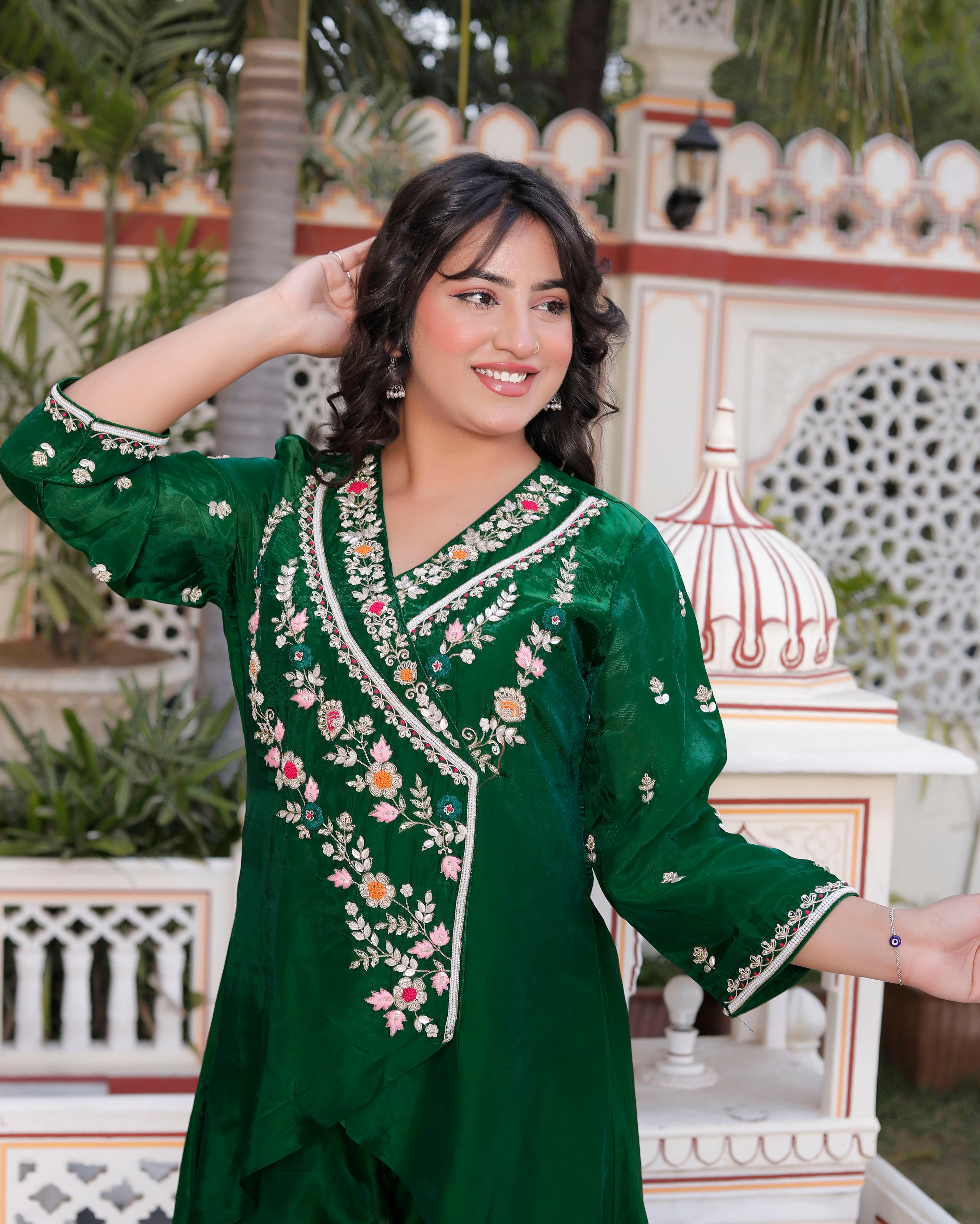 Green Handwork Angrakha Top with Circular Flared Palazzo