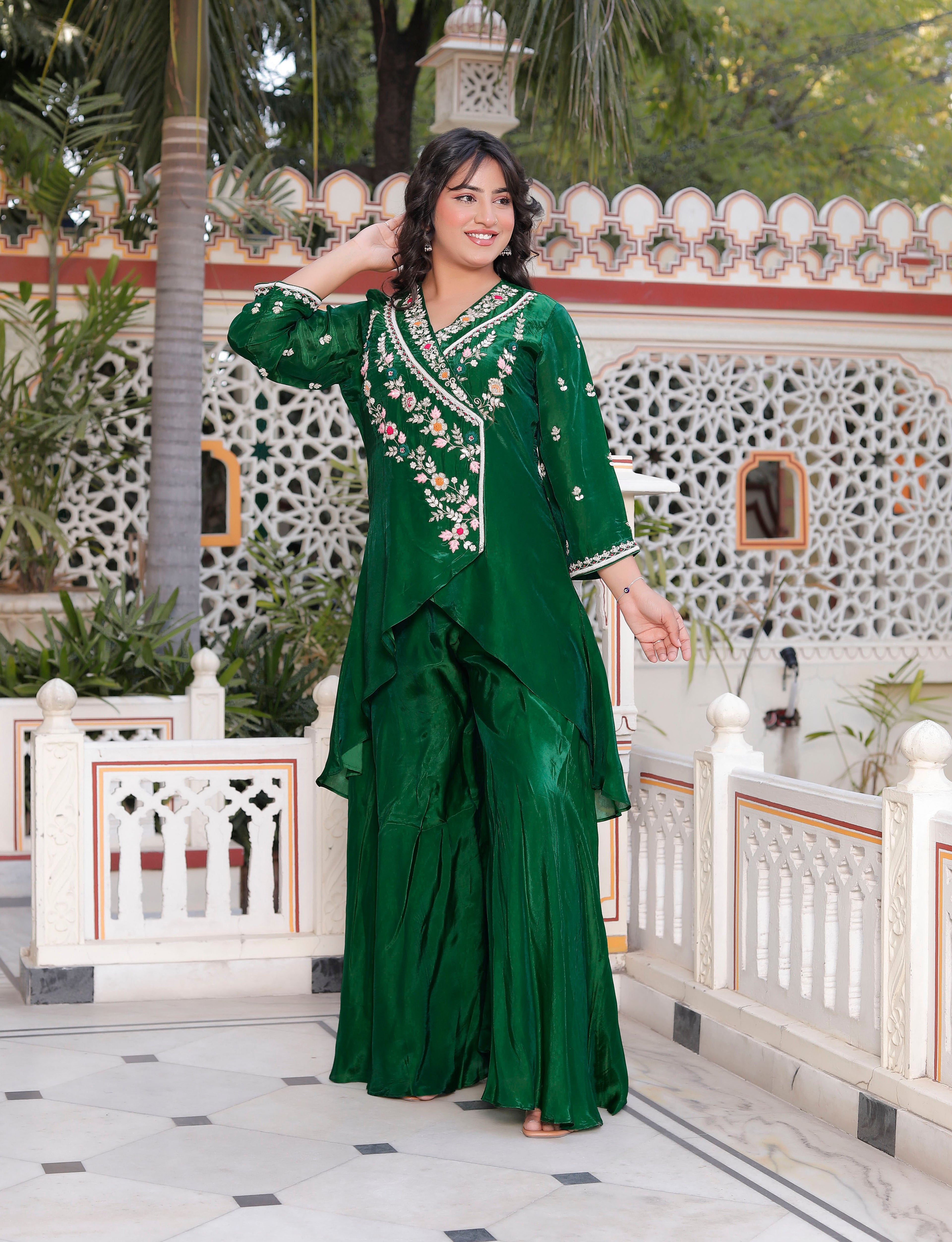 Green Handwork Angrakha Top with Circular Flared Palazzo