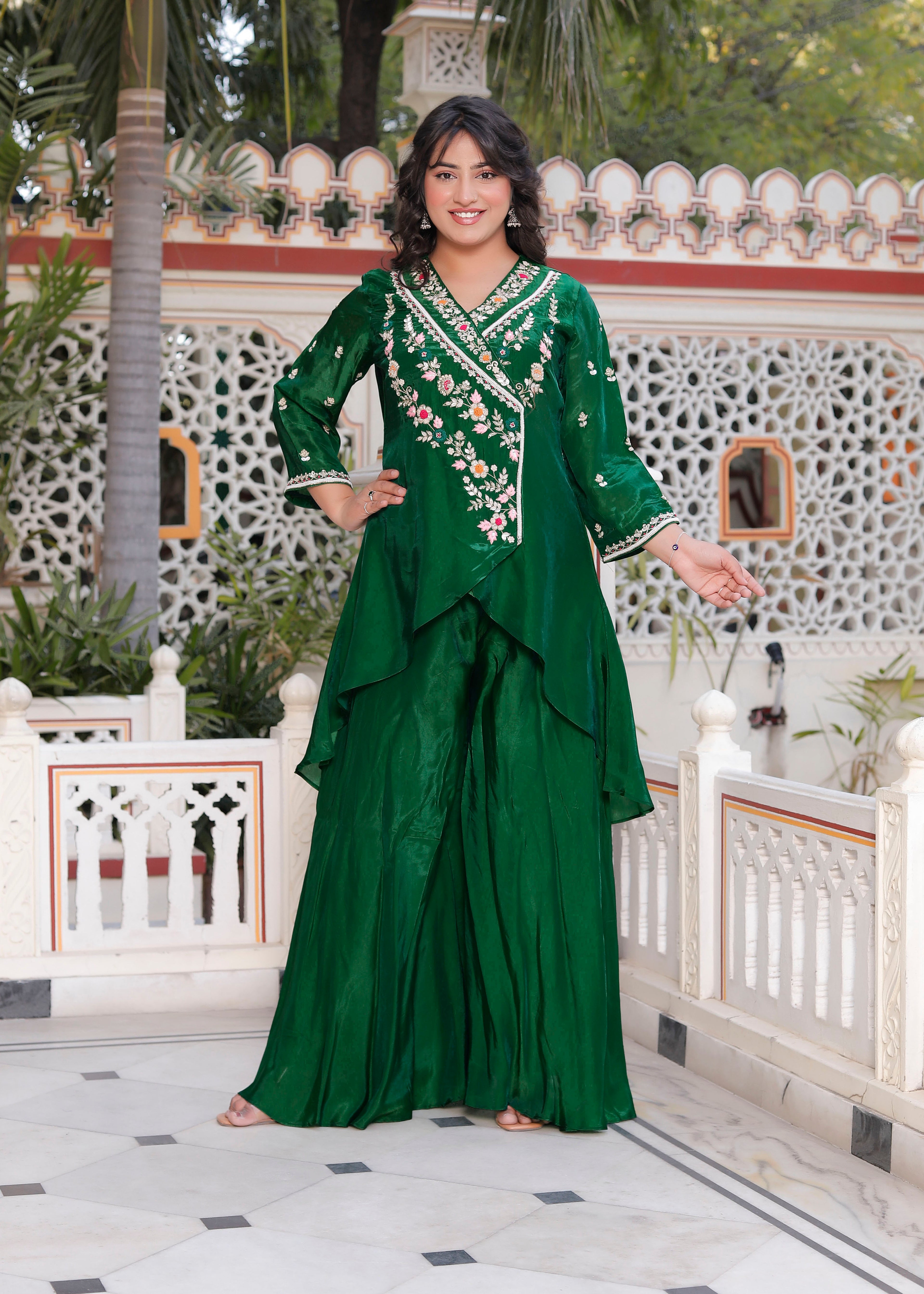 Green Handwork Angrakha Top with Circular Flared Palazzo