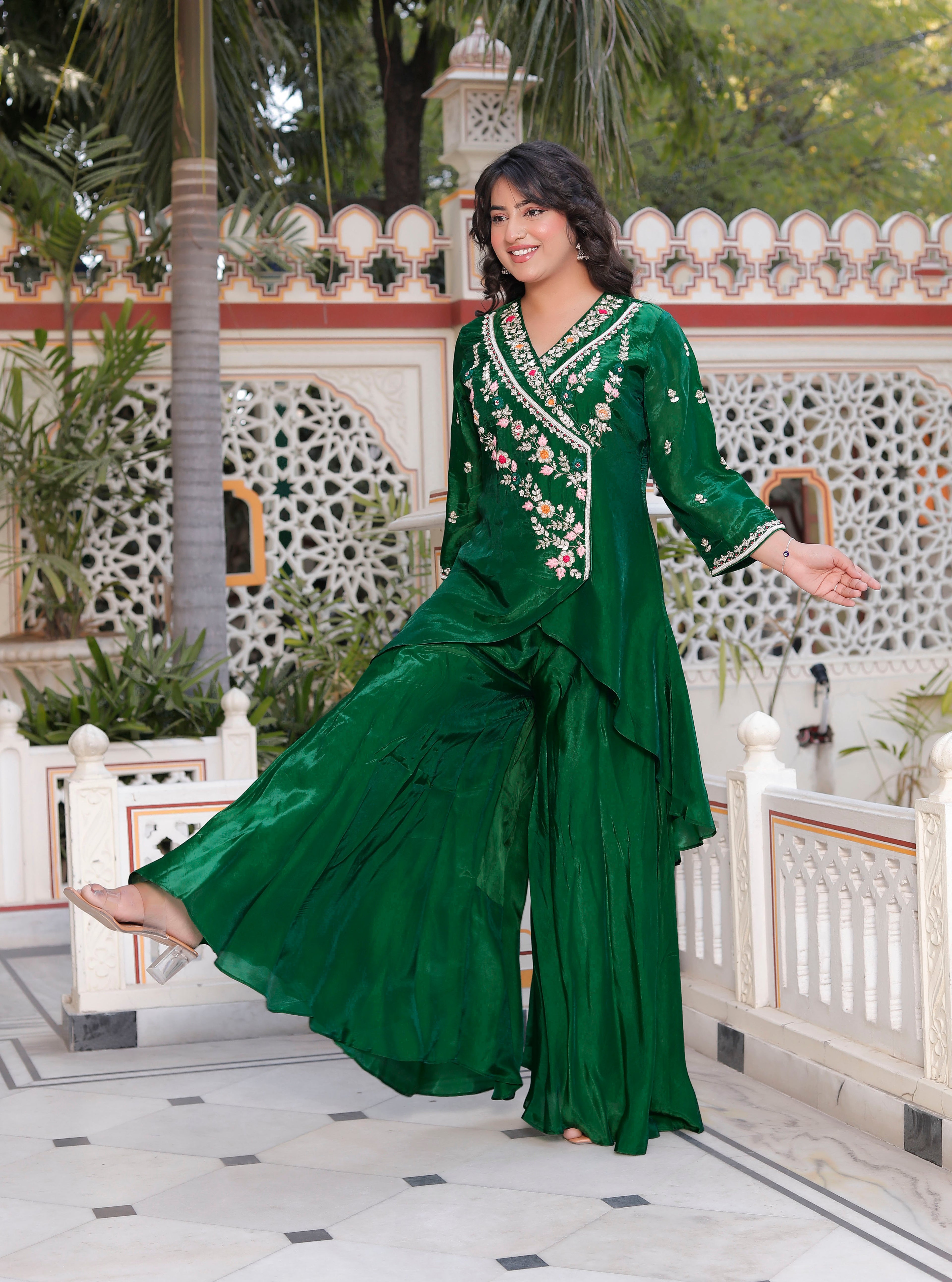 Green Handwork Angrakha Top with Circular Flared Palazzo