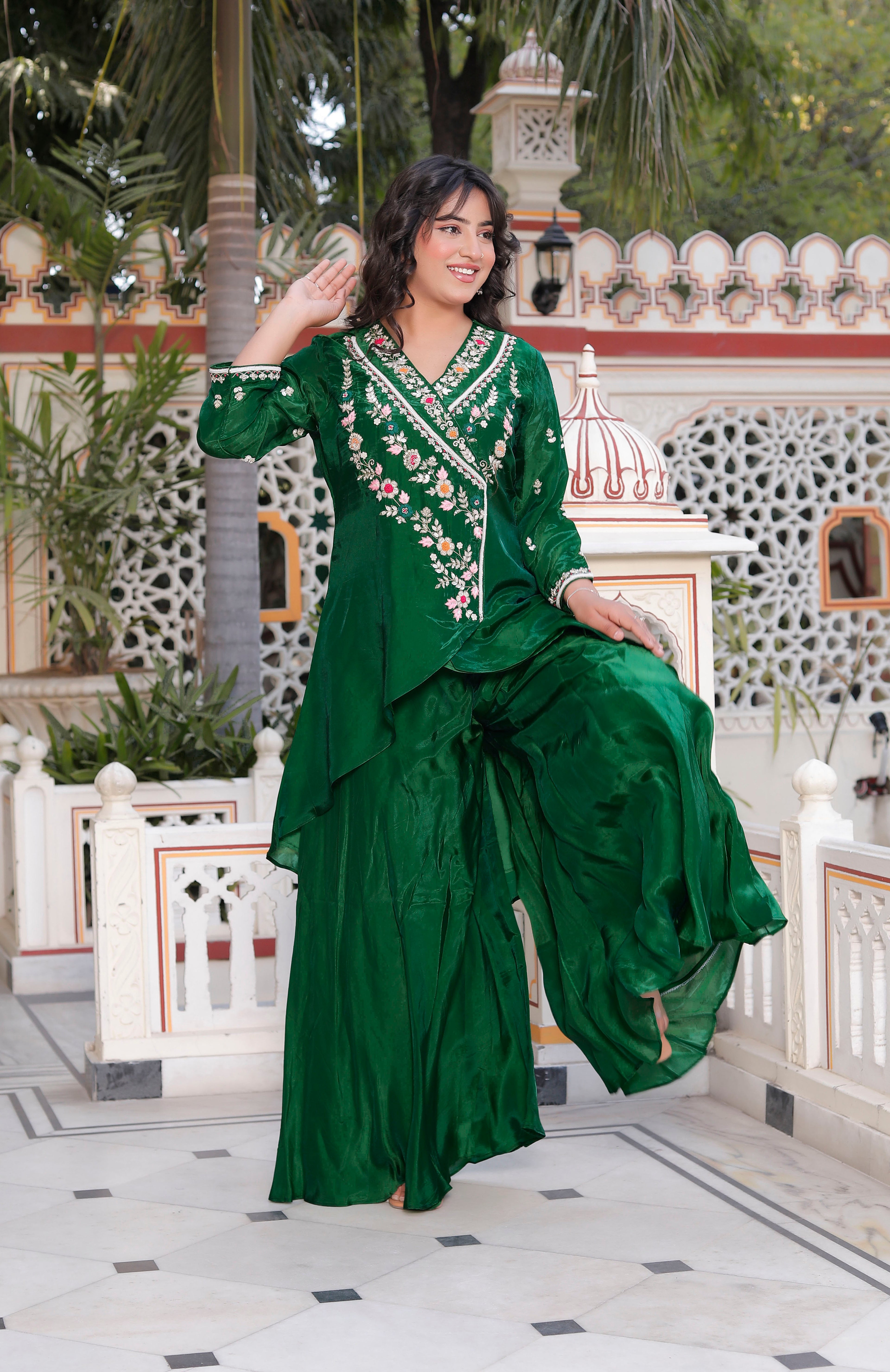 Green Handwork Angrakha Top with Circular Flared Palazzo