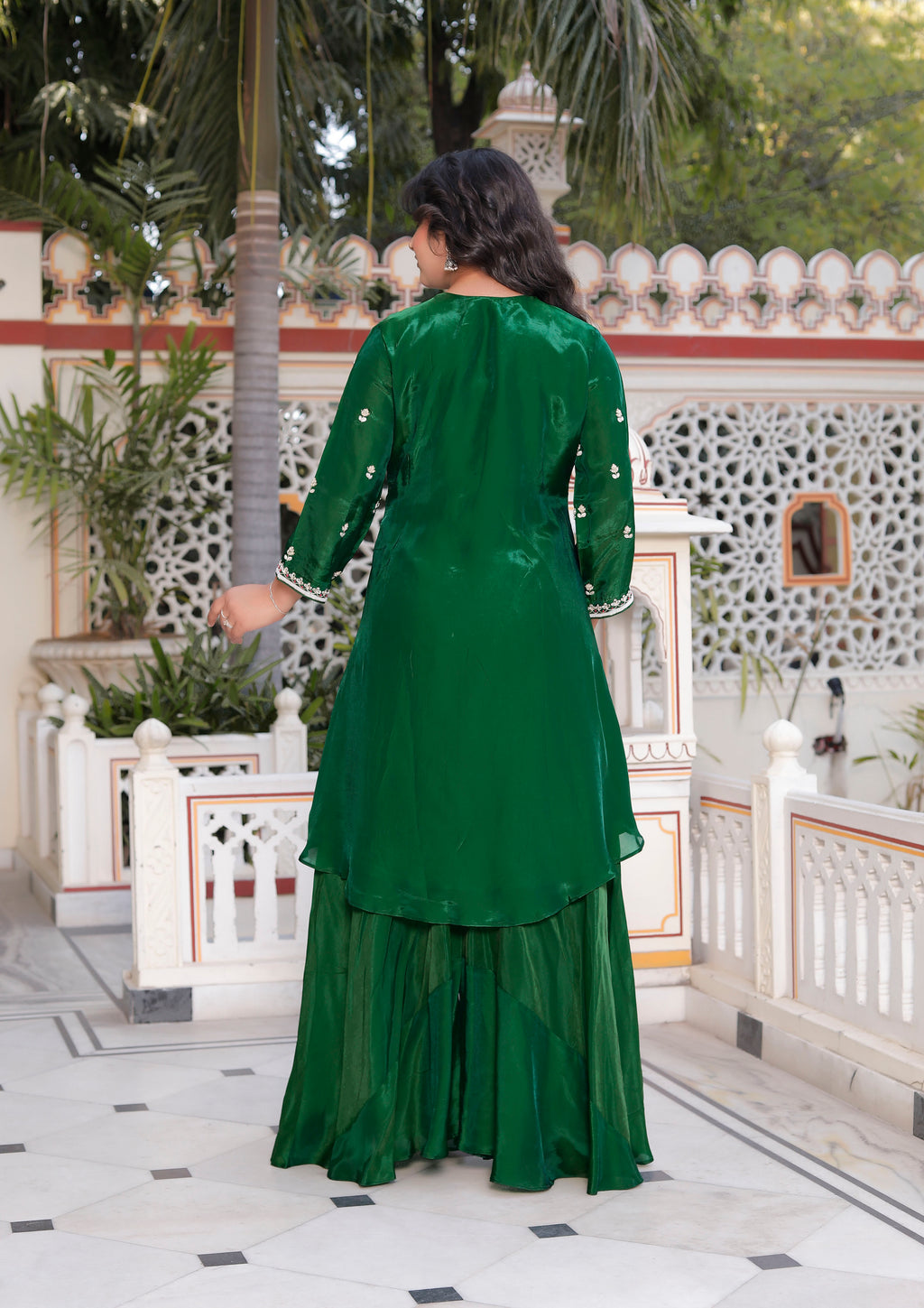 Green Handwork Angrakha Top with Circular Flared Palazzo