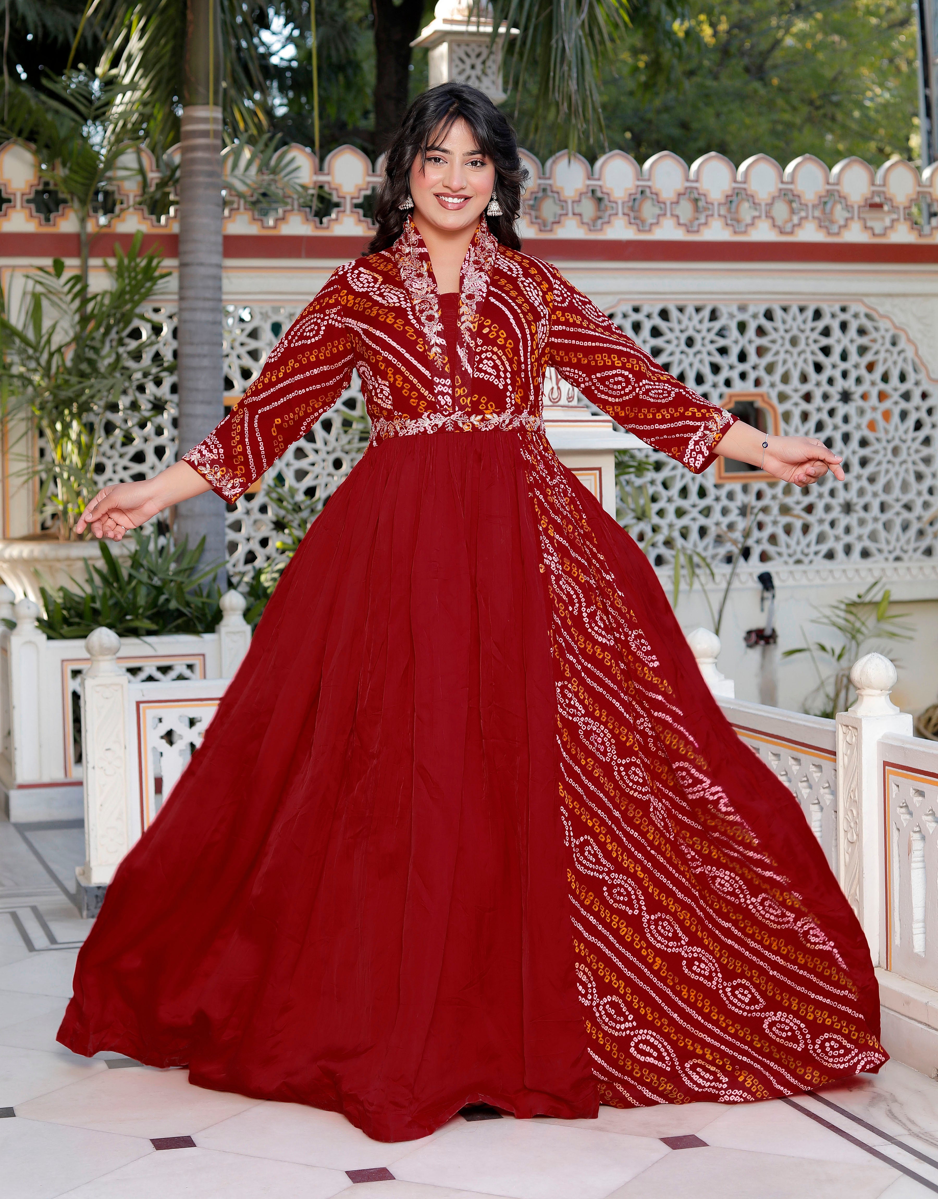 Red Chunri Print Long Flared Gown with Collar Neck & Handwork