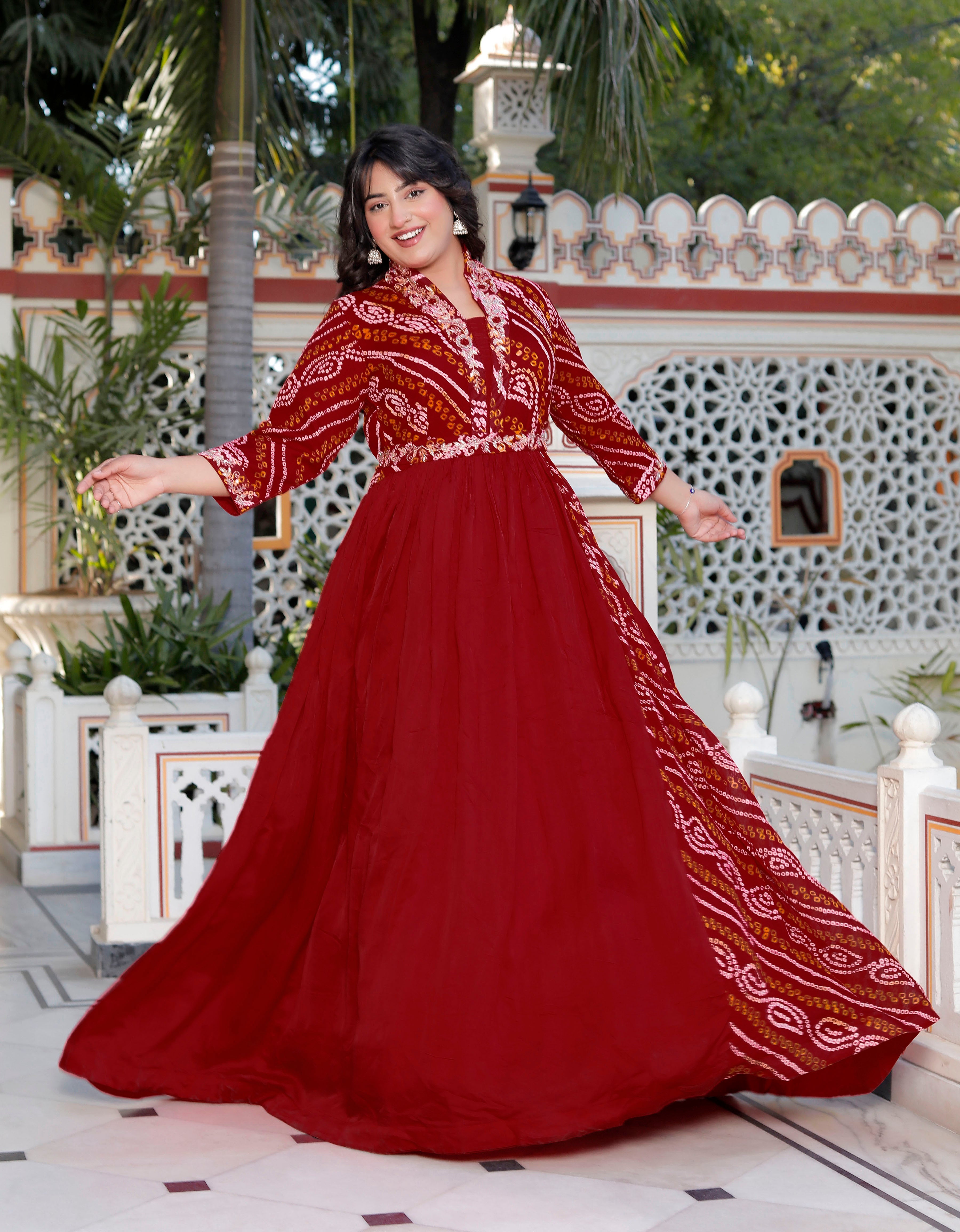 Red Chunri Print Long Flared Gown with Collar Neck & Handwork