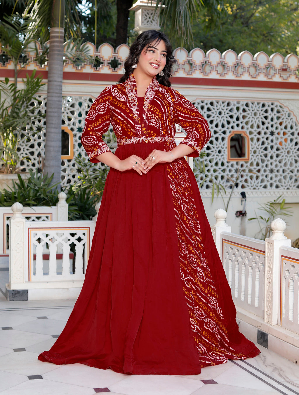 Red Chunri Print Long Flared Gown with Collar Neck & Handwork
