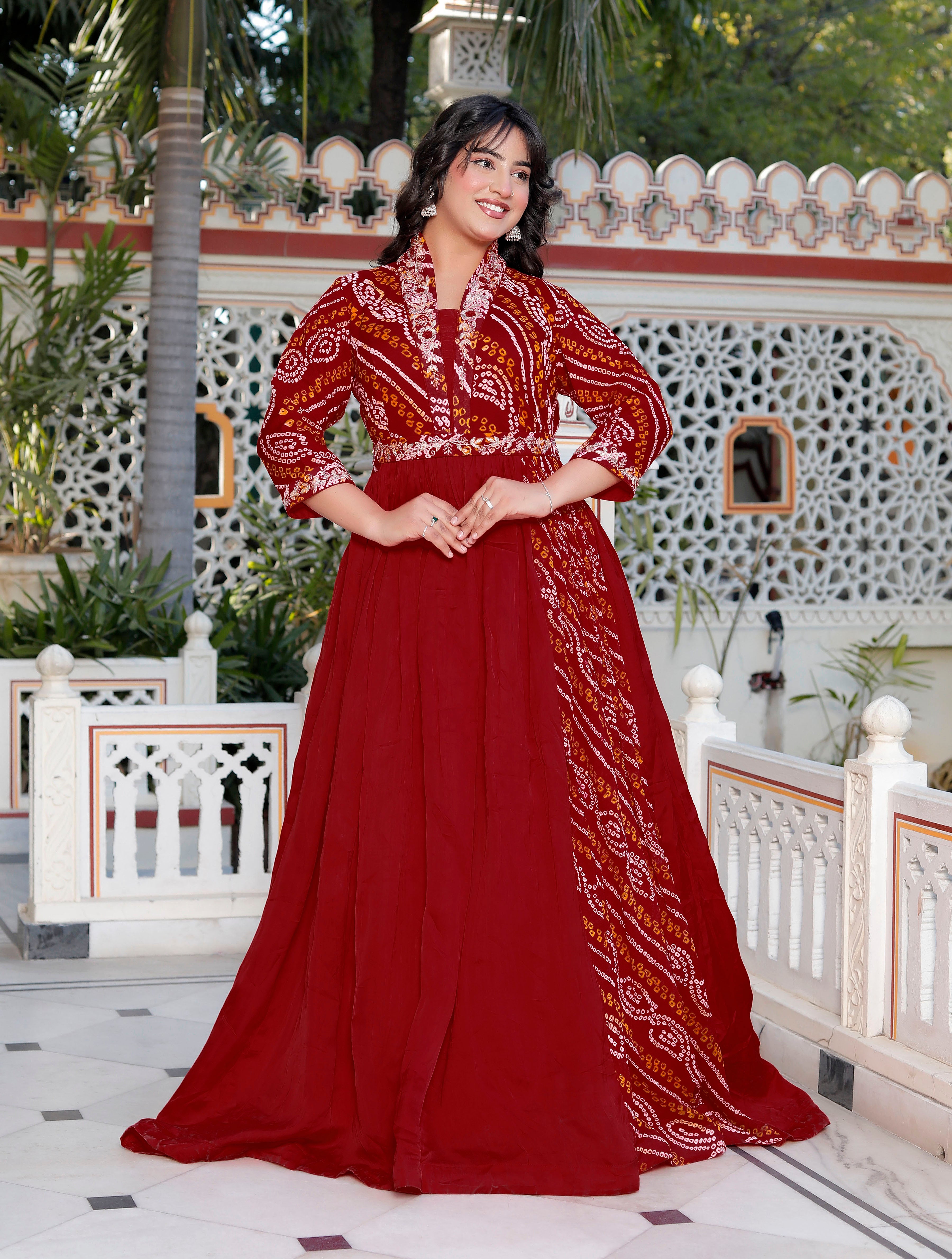Red Chunri Print Long Flared Gown with Collar Neck & Handwork